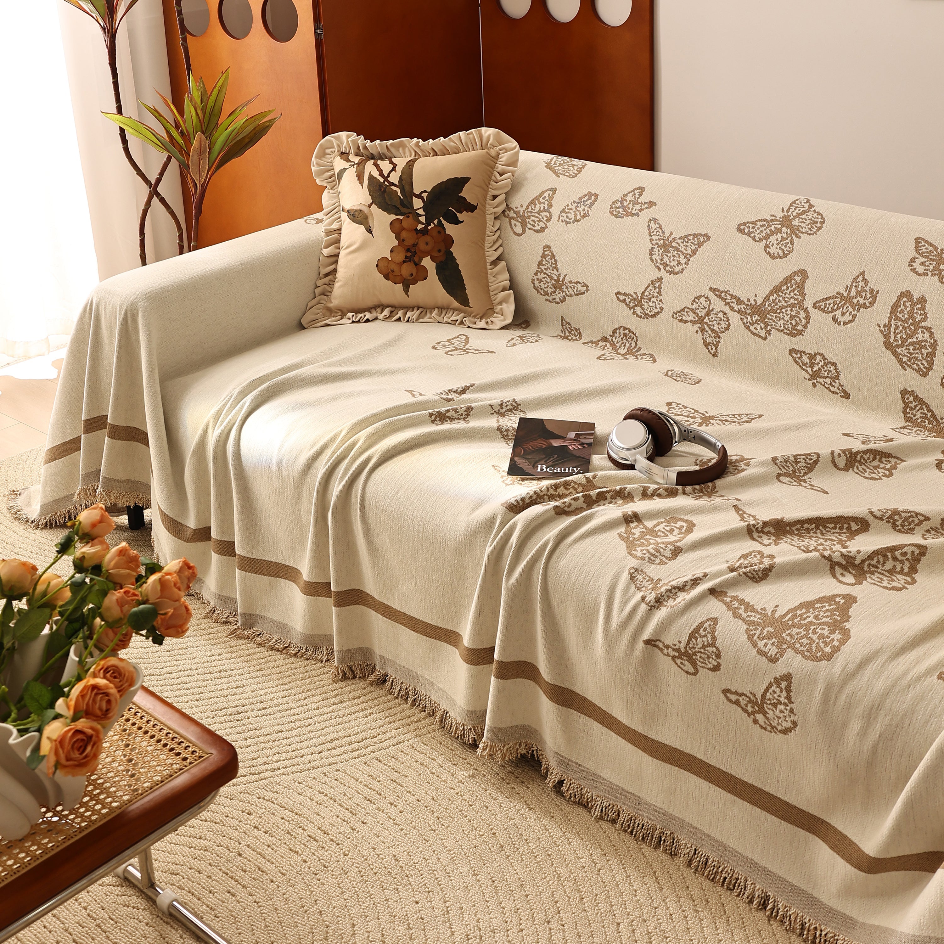 Butterfly Jacquard Soft Couch Blankets Cover For Couch Reversible Modern Sofa Slipcover Throw Covers