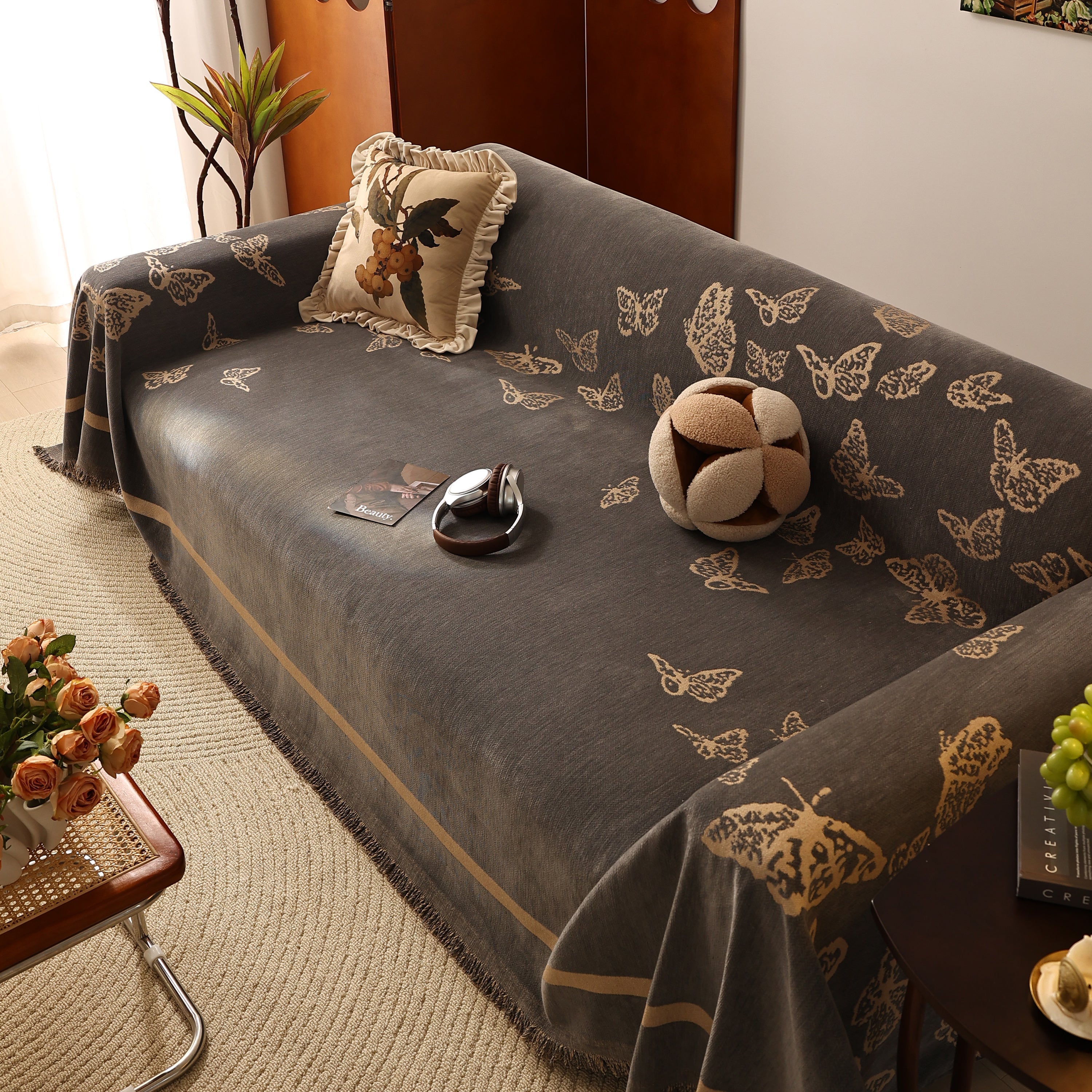 Butterfly Jacquard Soft Couch Blankets Cover For Couch Reversible Modern Sofa Slipcover Throw Covers