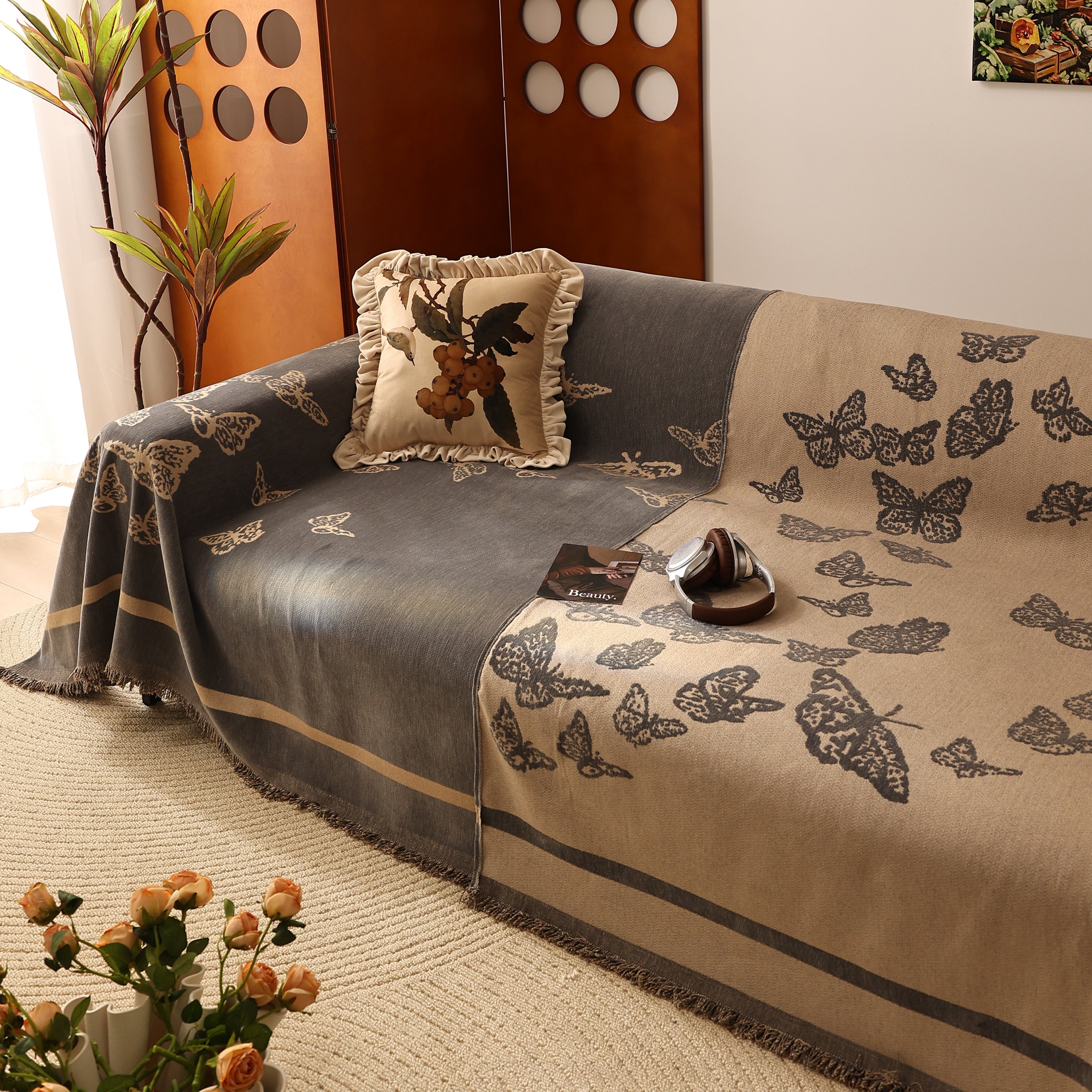 Butterfly Jacquard Soft Couch Blankets Cover For Couch Reversible Modern Sofa Slipcover Throw Covers