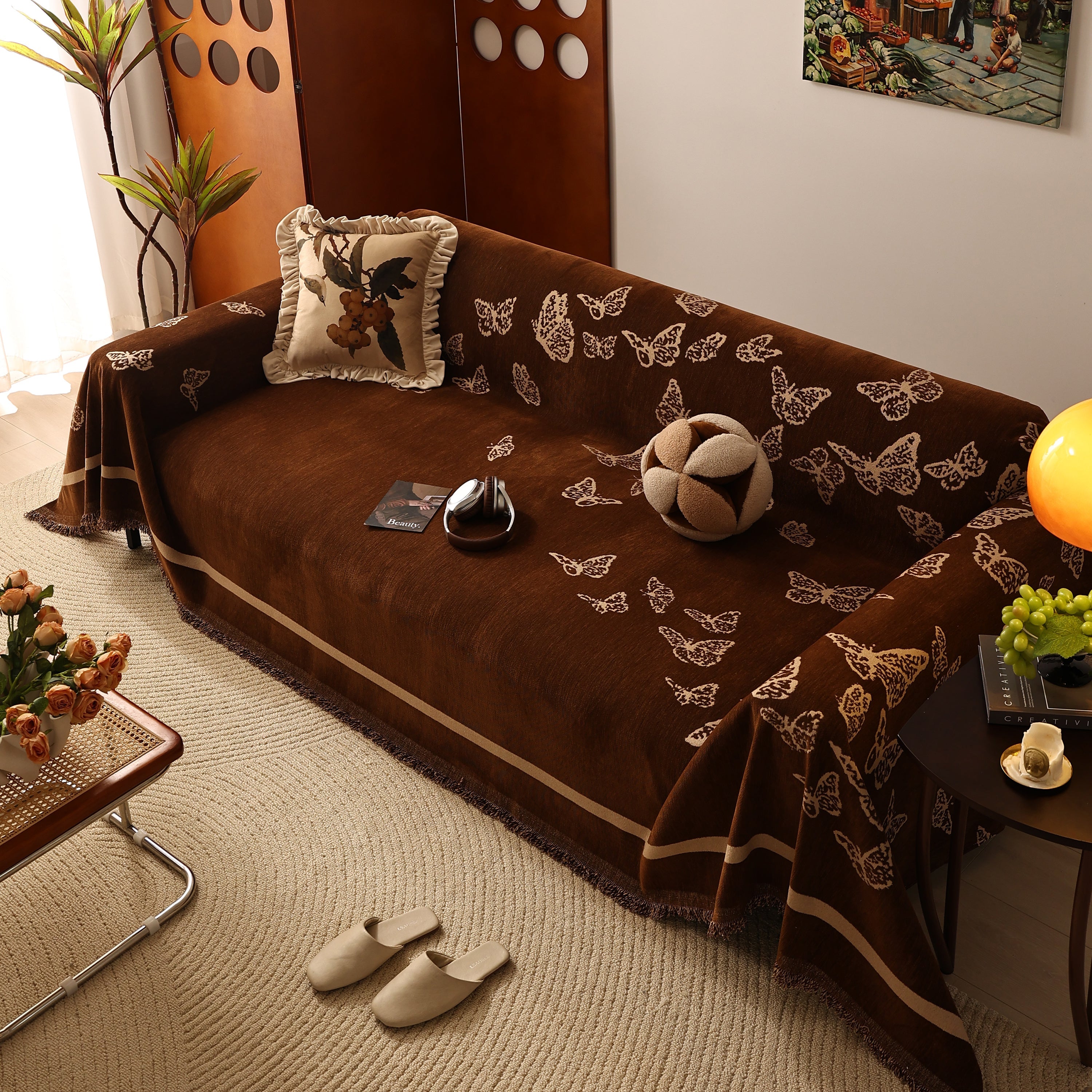 Butterfly Jacquard Soft Couch Blankets Cover For Couch Reversible Modern Sofa Slipcover Throw Covers