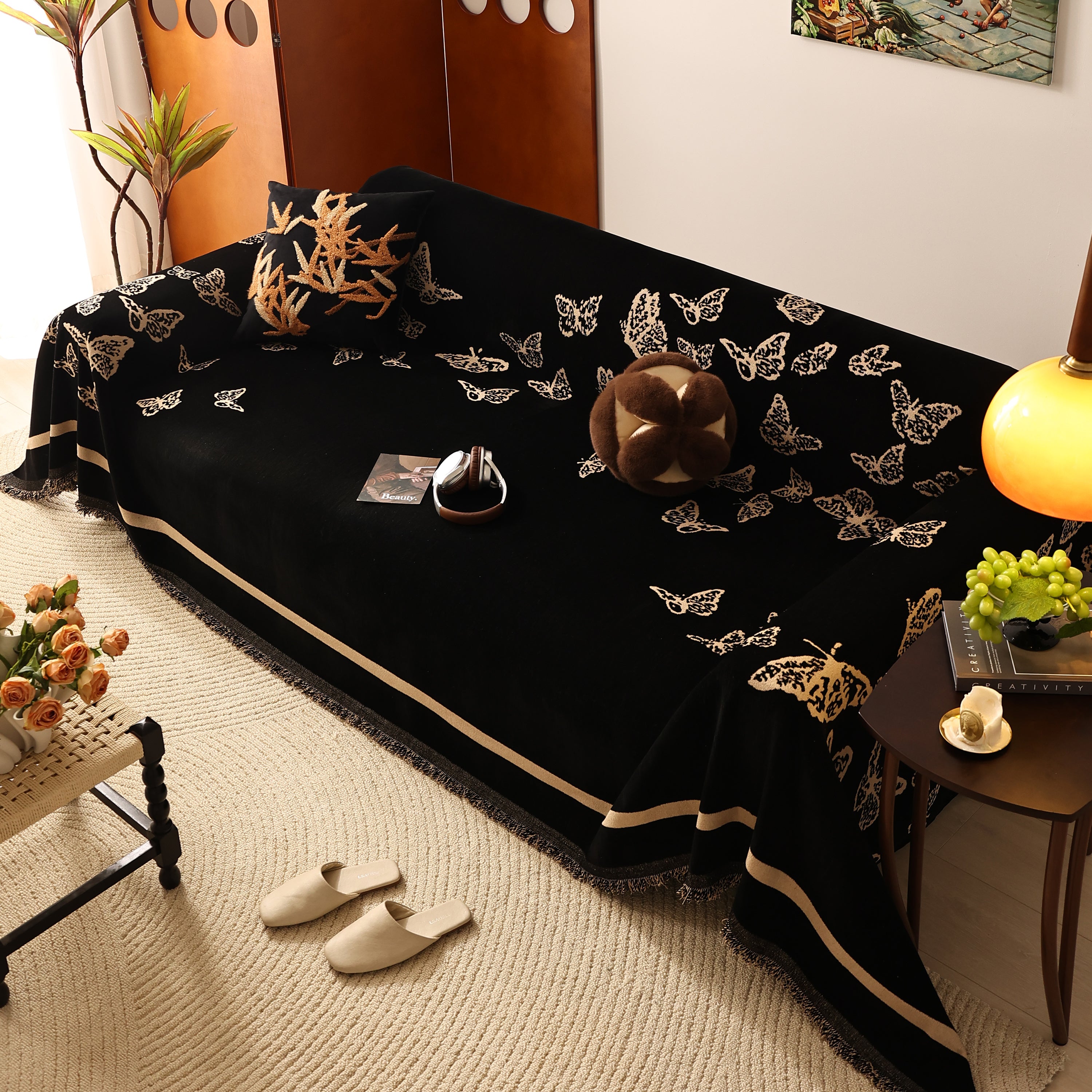Butterfly Jacquard Soft Couch Blankets Cover For Couch Reversible Modern Sofa Slipcover Throw Covers
