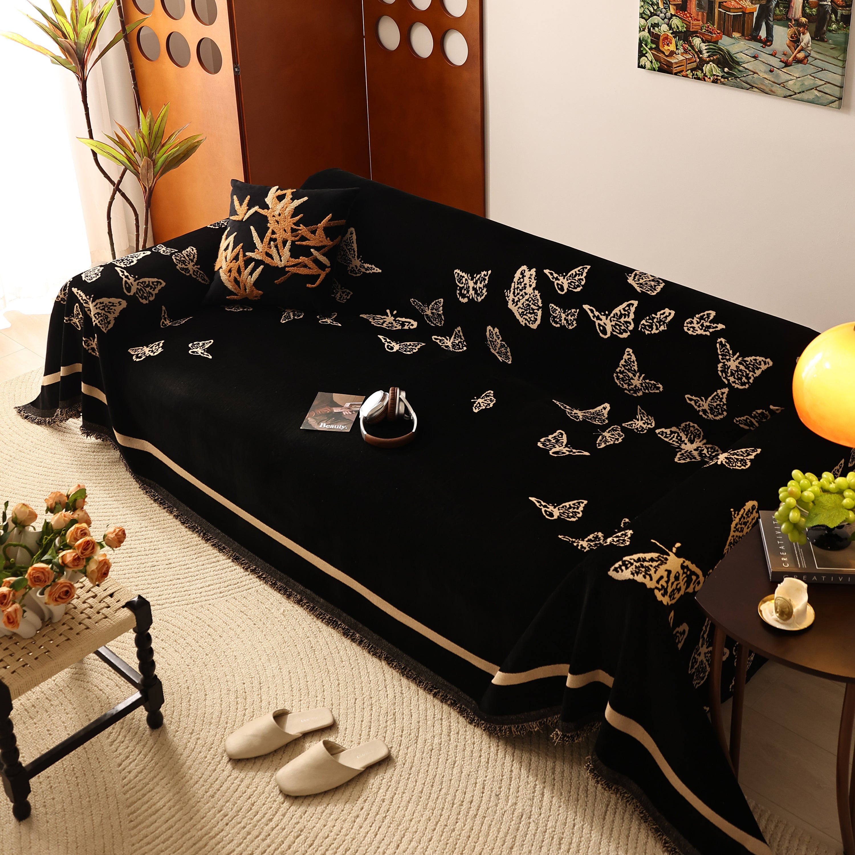 Butterfly Jacquard Soft Couch Blankets Cover For Couch Reversible Modern Sofa Slipcover Throw Covers