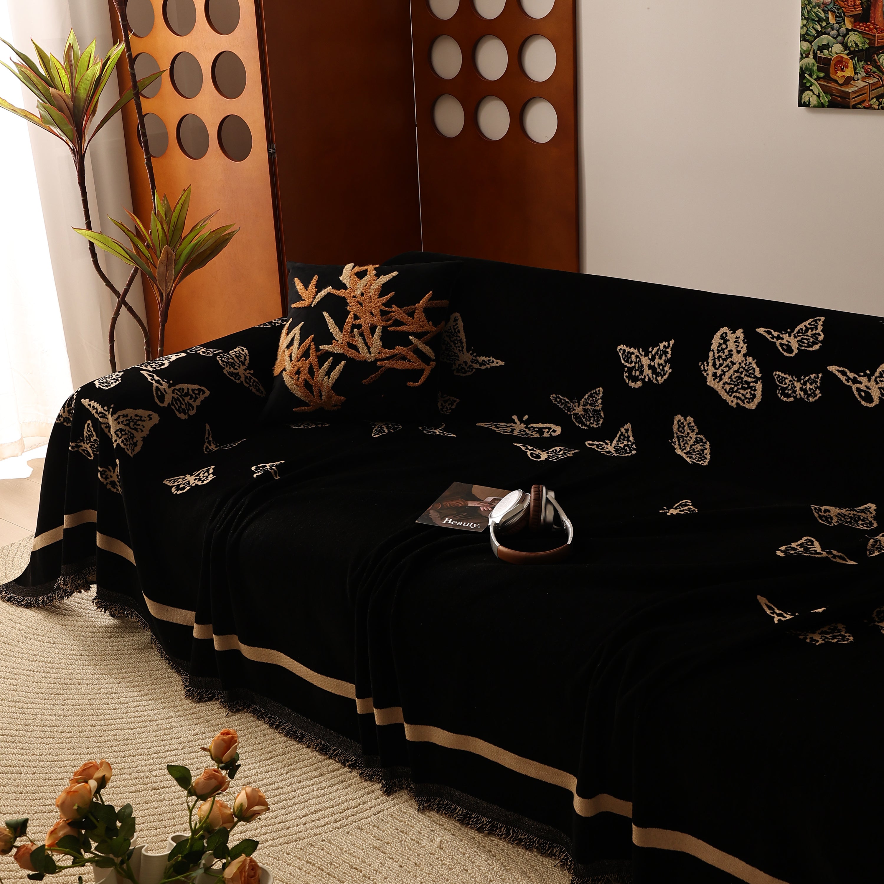 Butterfly Jacquard Soft Couch Blankets Cover For Couch Reversible Modern Sofa Slipcover Throw Covers