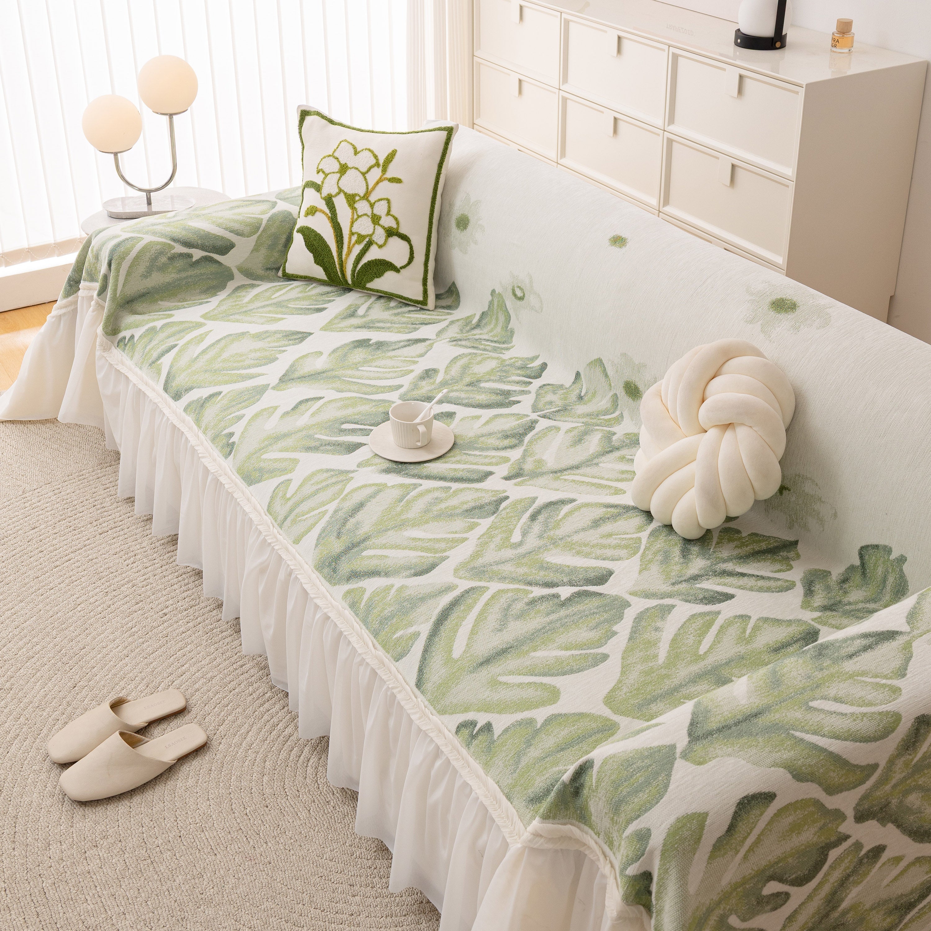 Botanical Sofa Cover With Chiffon Skirt, Floral Couch Throw Blanket For All-season