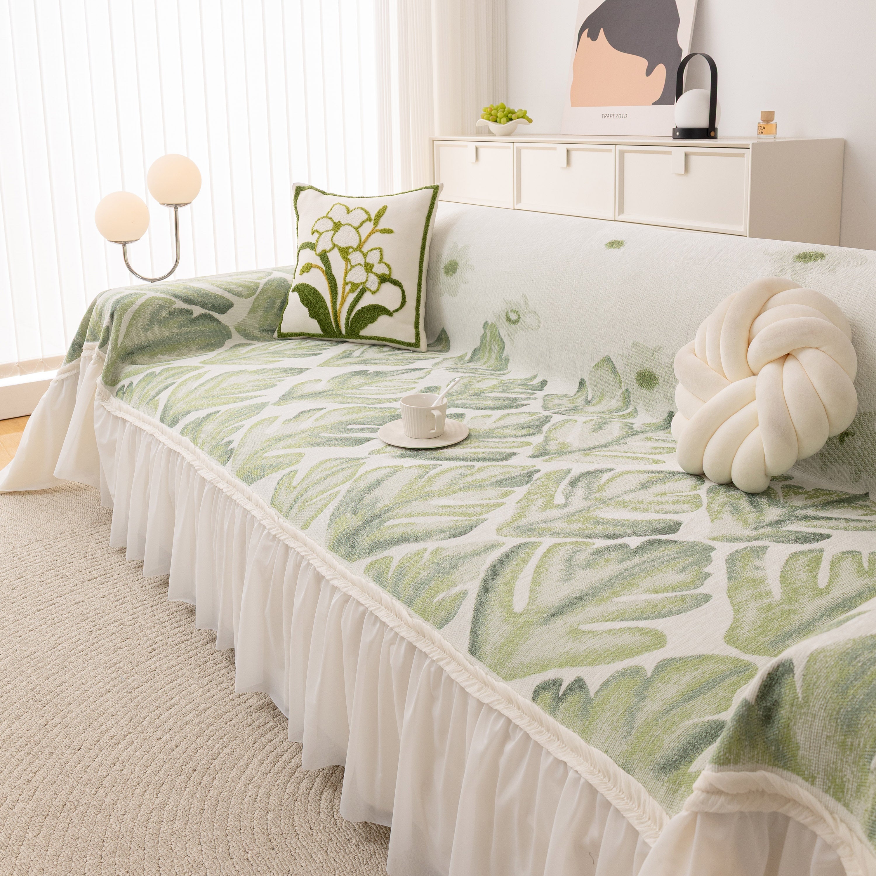 Botanical Sofa Cover With Chiffon Skirt, Floral Couch Throw Blanket For All-season