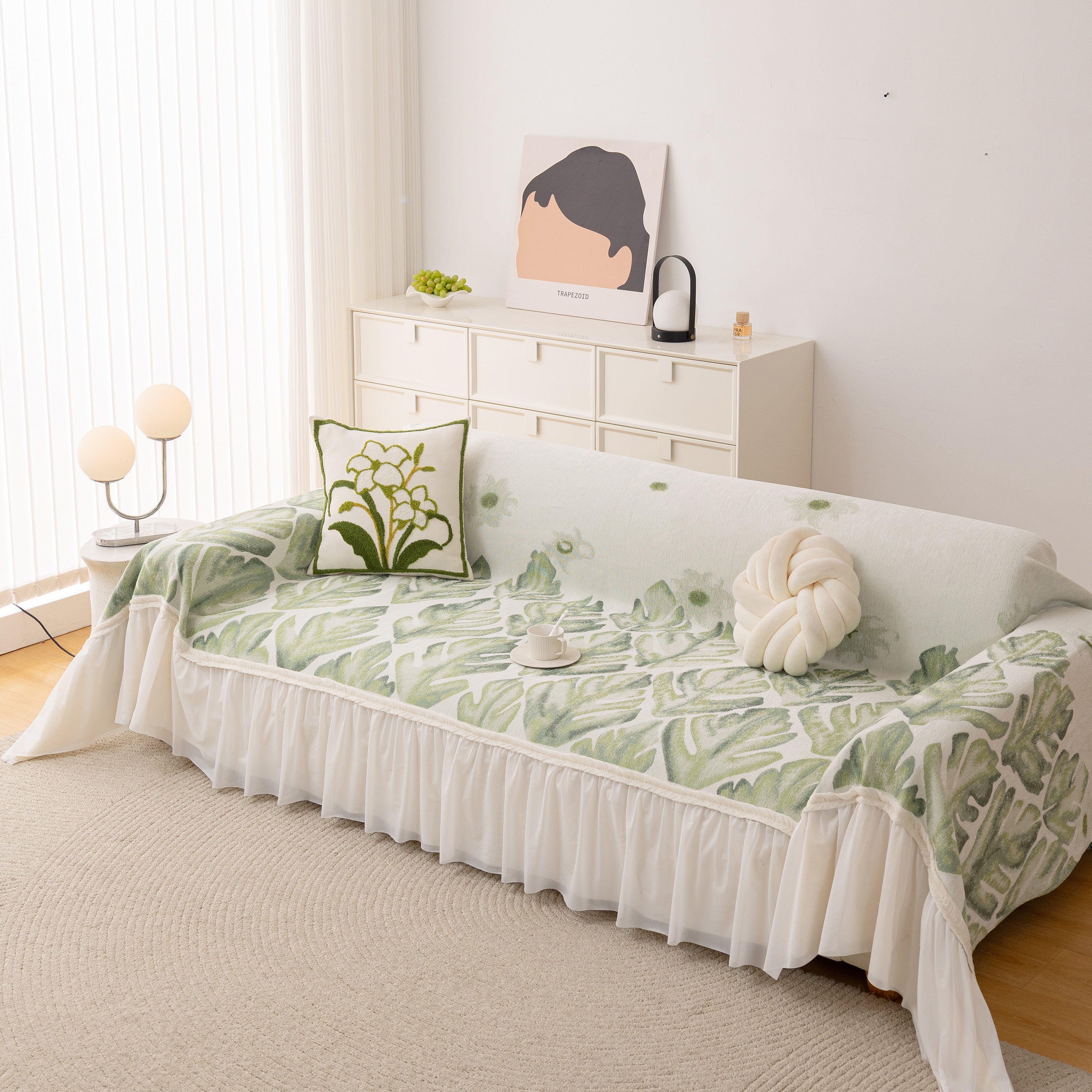 Botanical Sofa Cover With Chiffon Skirt, Floral Couch Throw Blanket For All-season