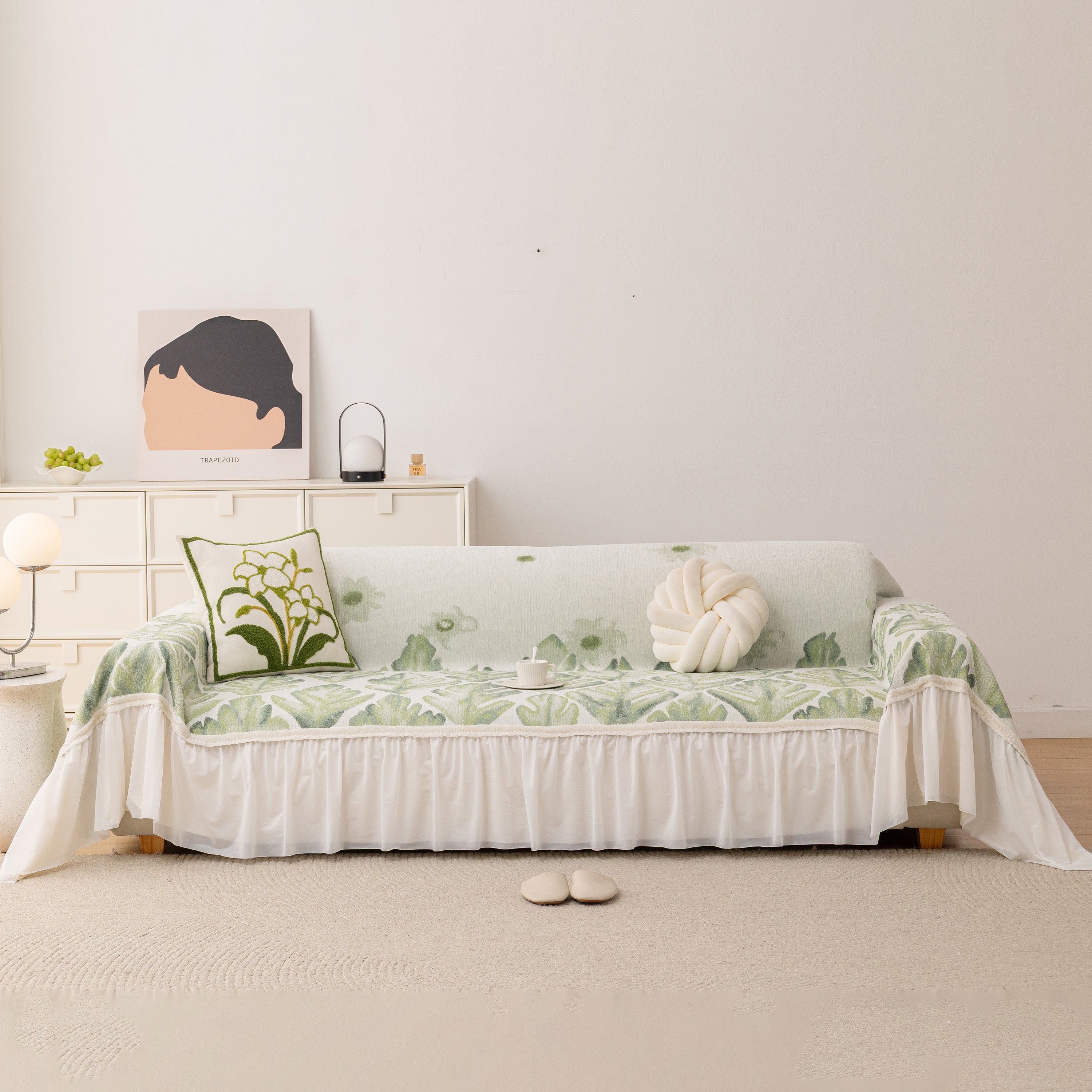 Botanical Sofa Cover With Chiffon Skirt, Floral Couch Throw Blanket For All-season