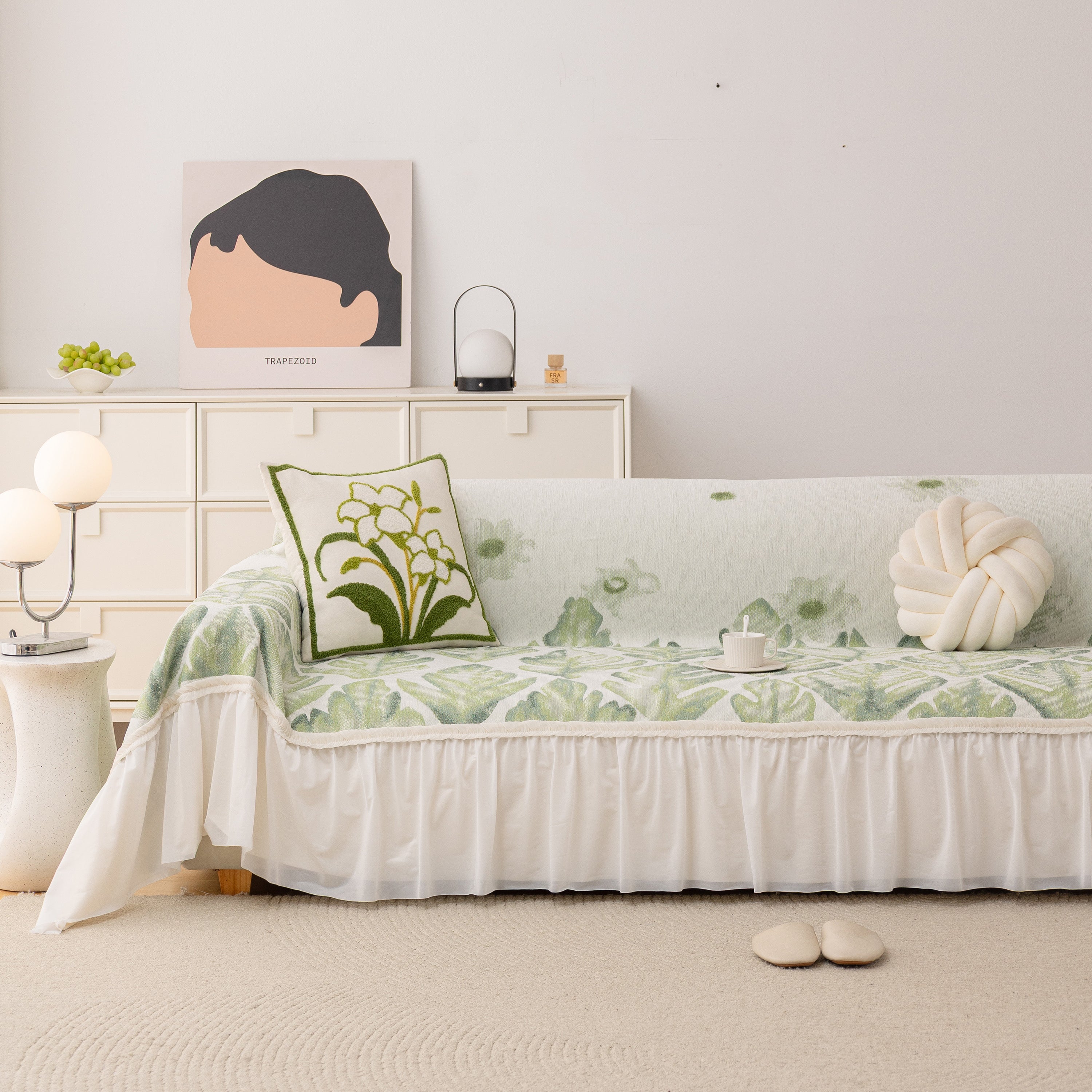 Botanical Sofa Cover With Chiffon Skirt, Floral Couch Throw Blanket For All-season