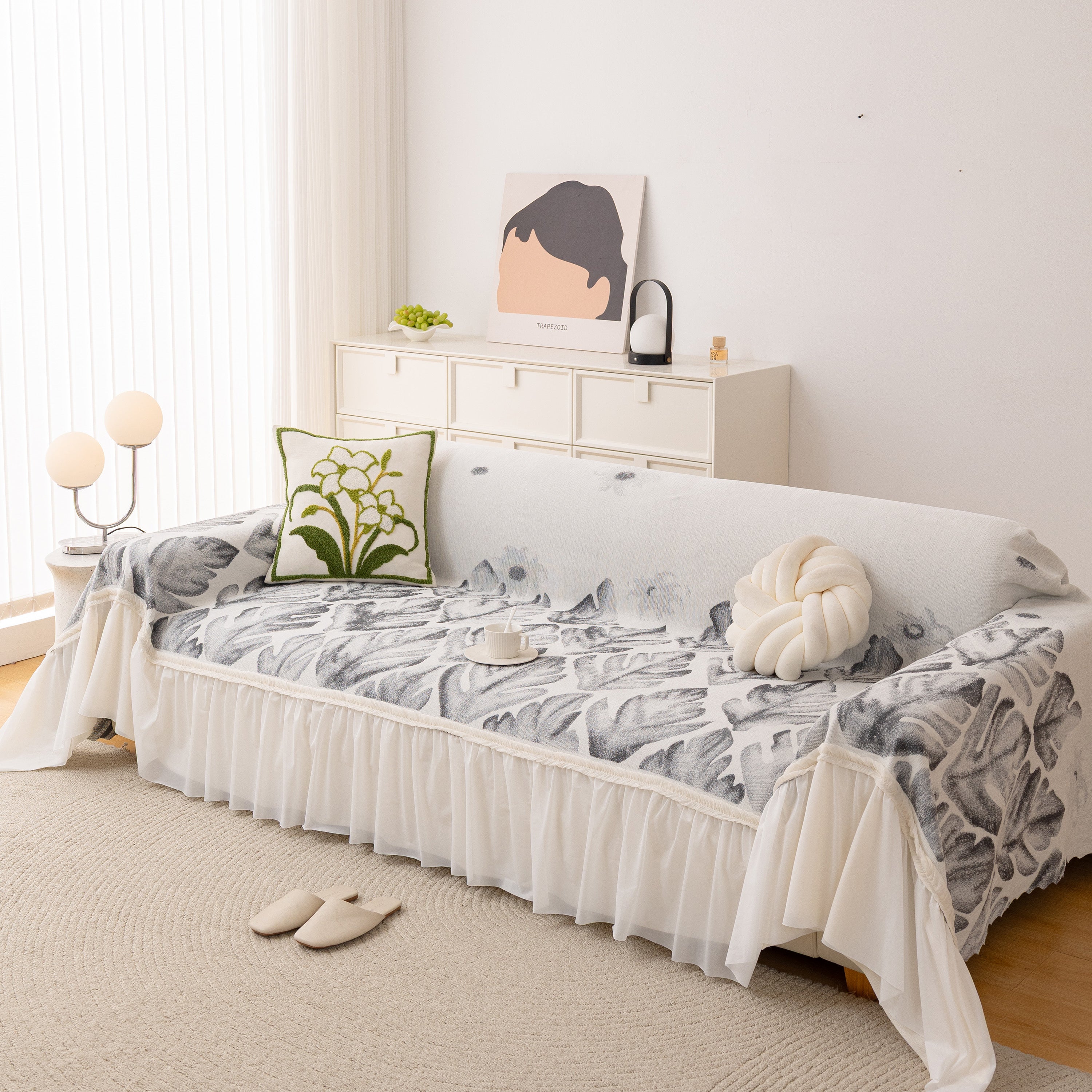 Botanical Sofa Cover With Chiffon Skirt, Floral Couch Throw Blanket For All-season