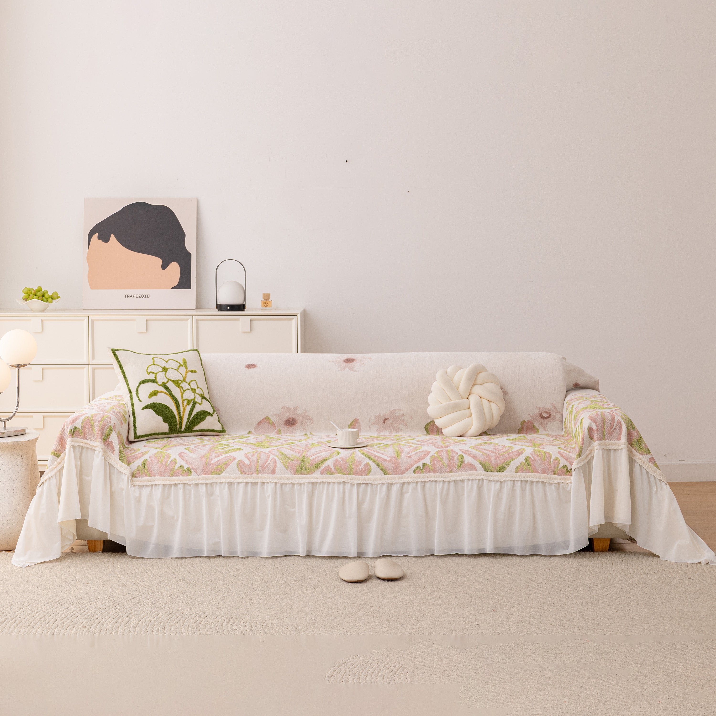 Botanical Sofa Cover With Chiffon Skirt, Floral Couch Throw Blanket For All-season