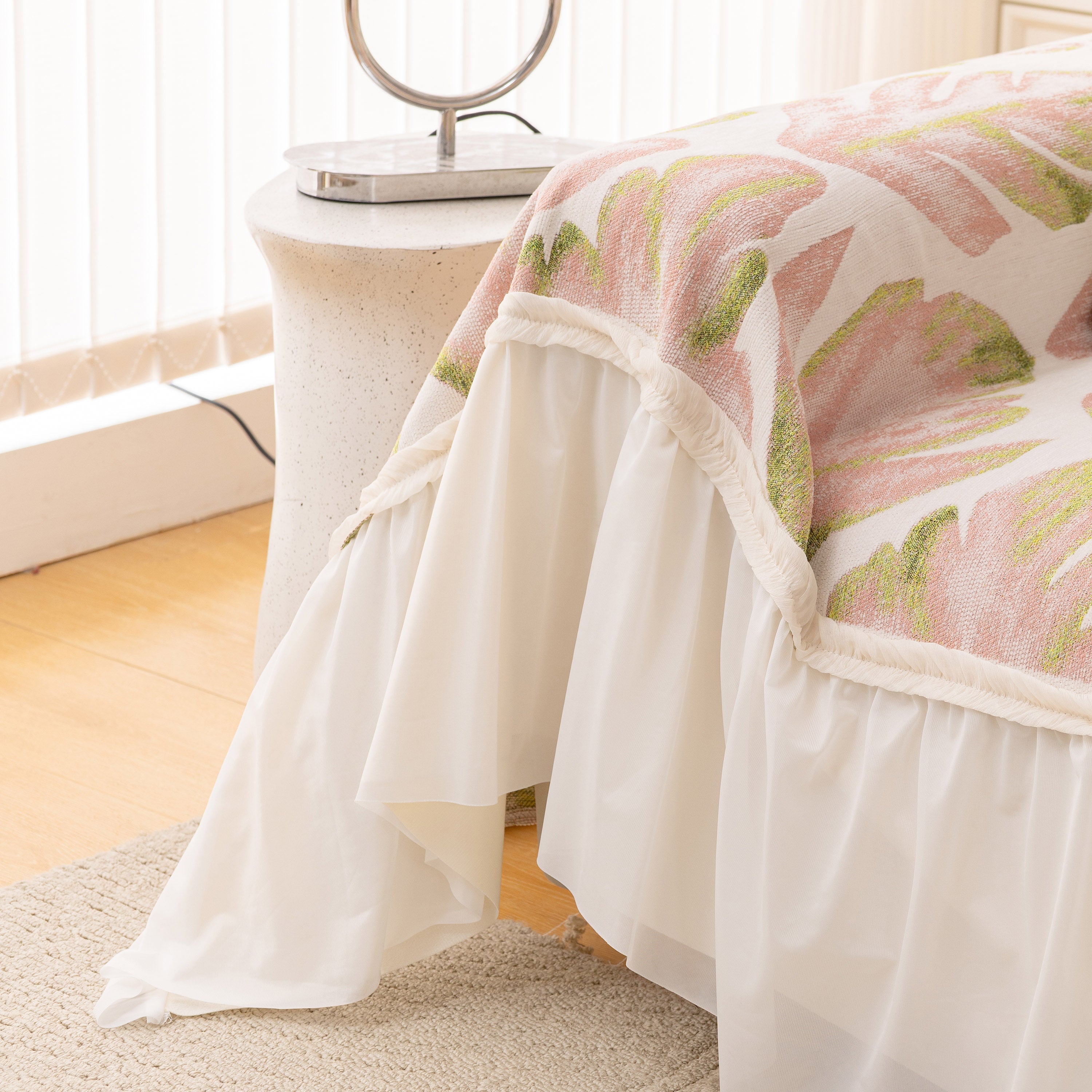 Botanical Sofa Cover With Chiffon Skirt, Floral Couch Throw Blanket For All-season