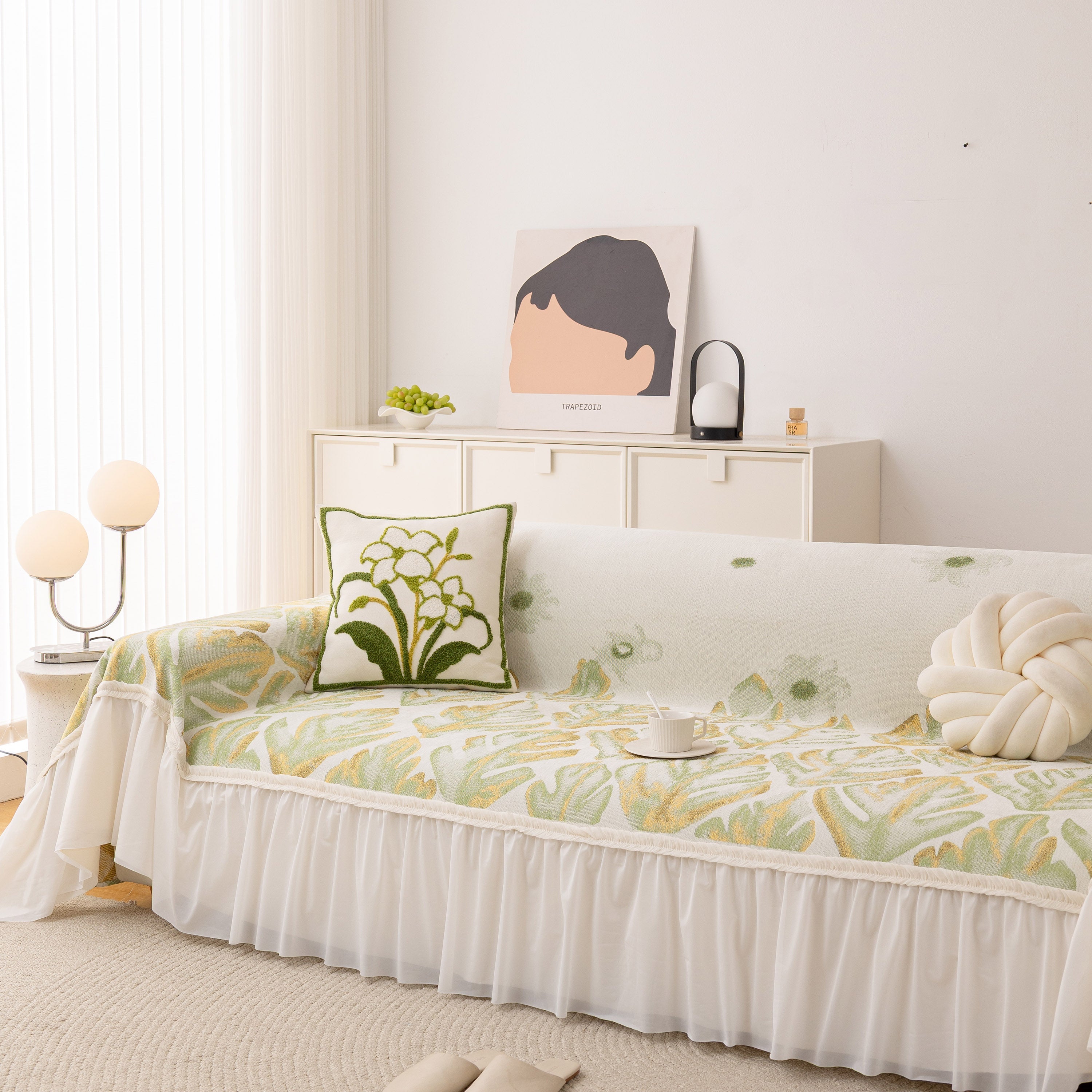 Botanical Sofa Cover With Chiffon Skirt, Floral Couch Throw Blanket For All-season