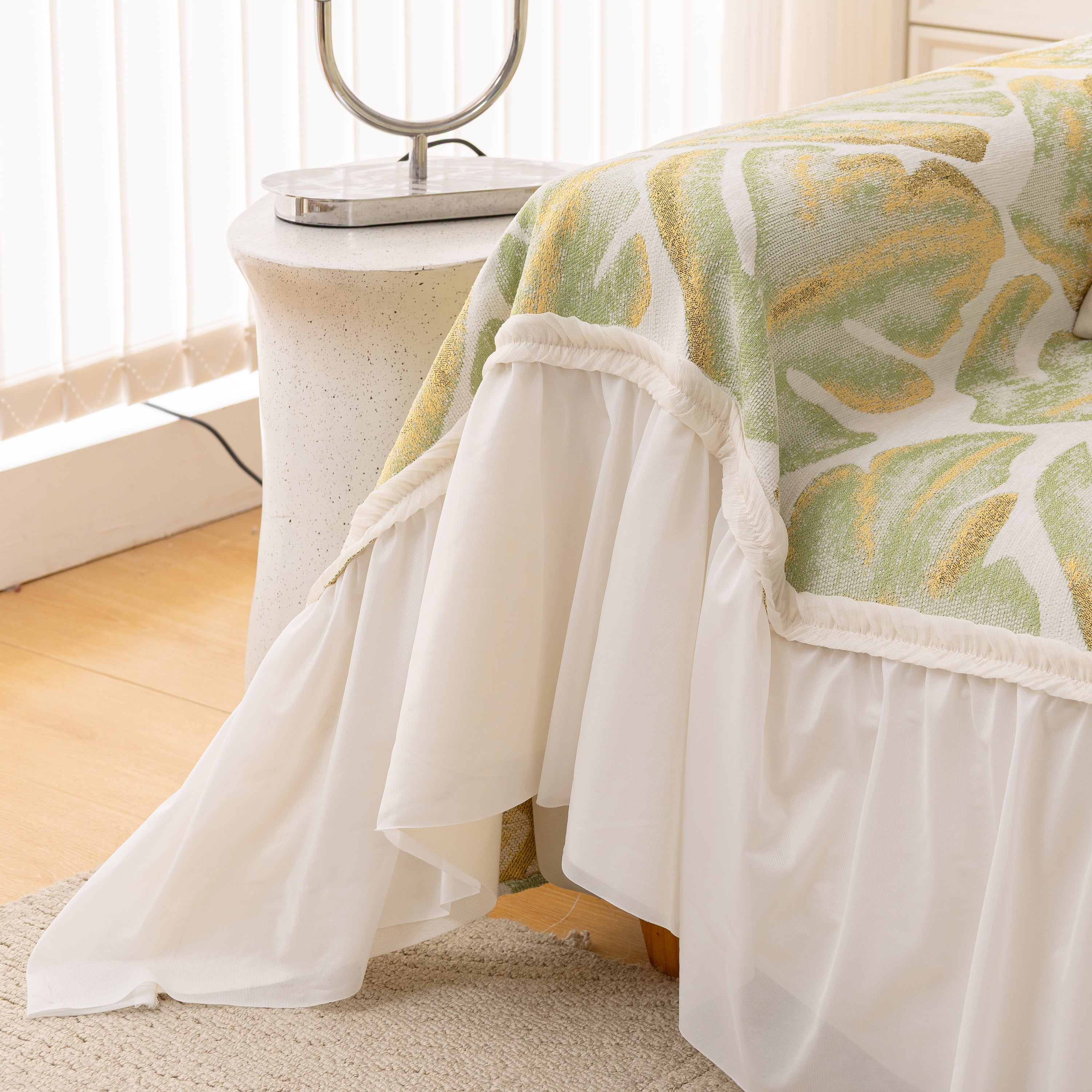 Botanical Sofa Cover With Chiffon Skirt, Floral Couch Throw Blanket For All-season