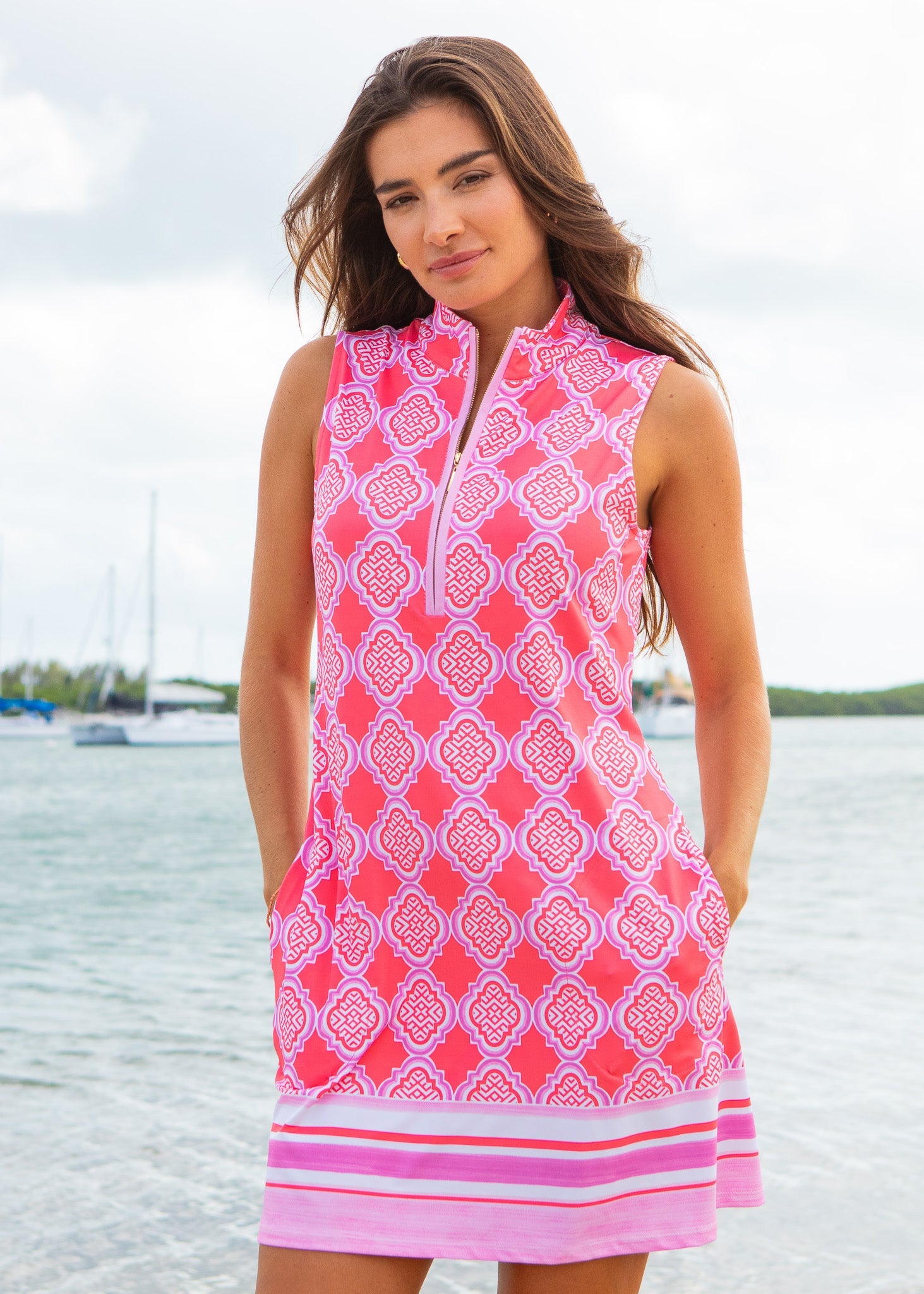 Coral Geo 1/4 Zip Sleeveless Sport Dress