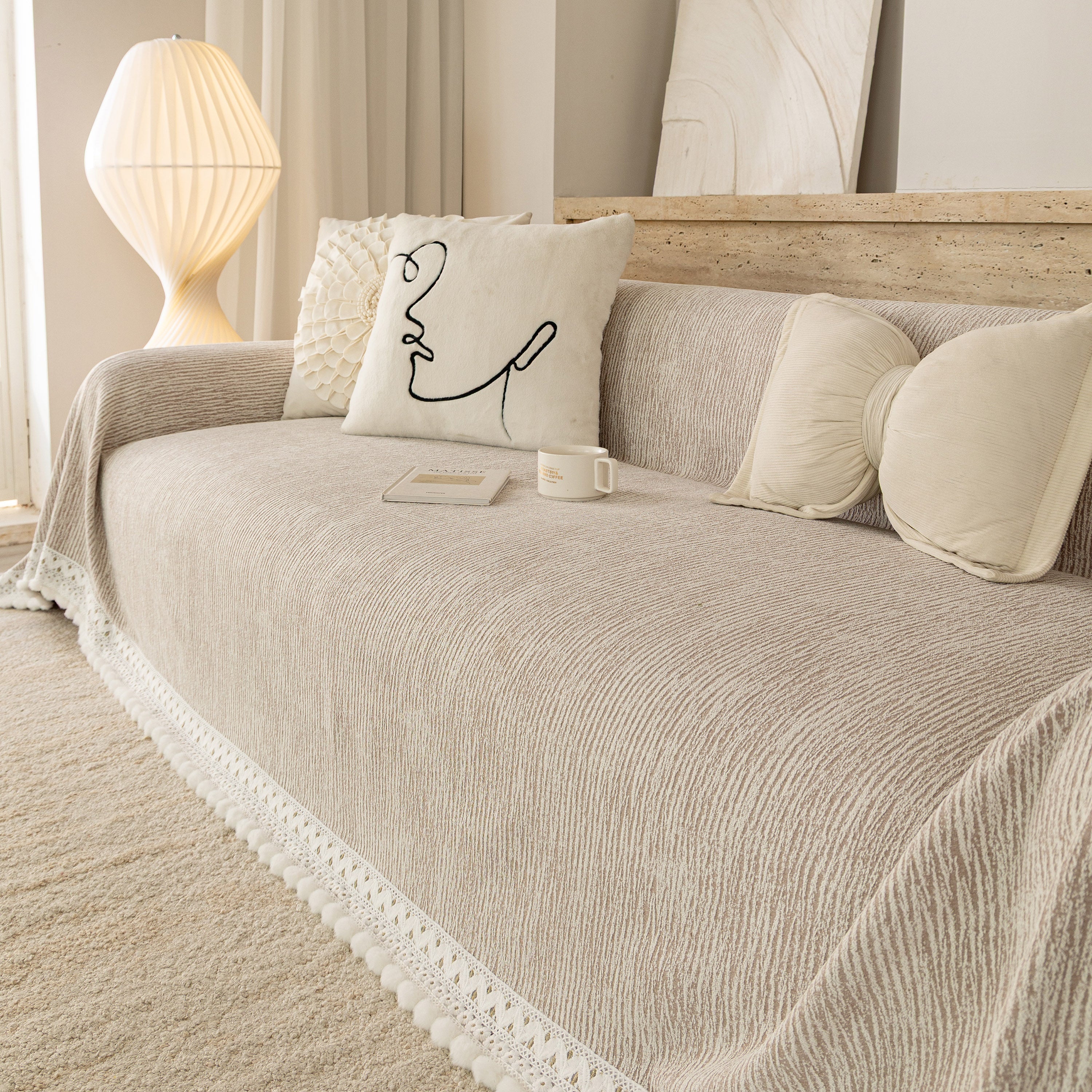 Sofa Cover Throw With Lace Trim & Pom-pom Fringe, Decorative Couch Cover Blanket
