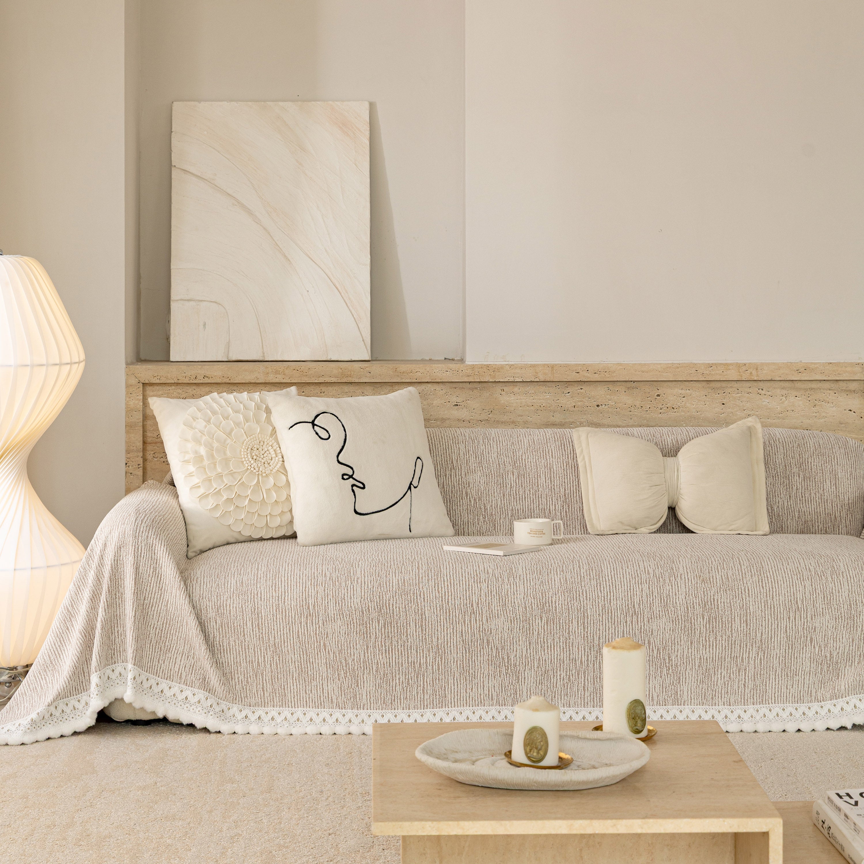 Sofa Cover Throw With Lace Trim & Pom-pom Fringe, Decorative Couch Cover Blanket