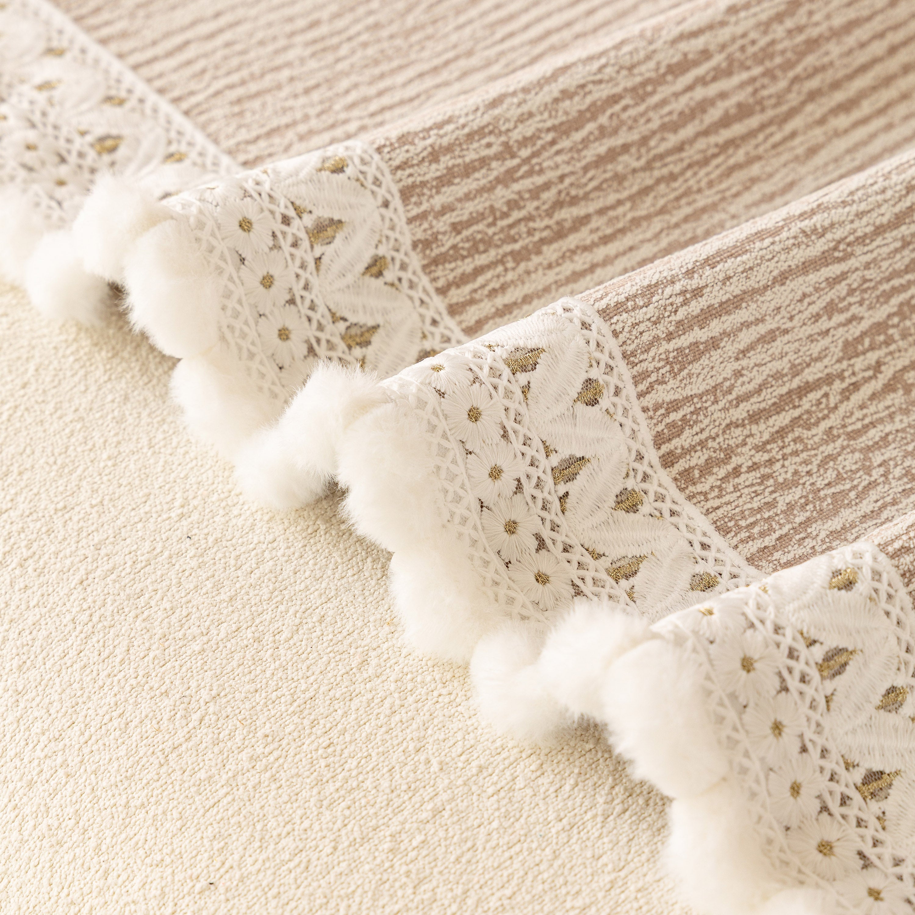 Sofa Cover Throw With Lace Trim & Pom-pom Fringe, Decorative Couch Cover Blanket