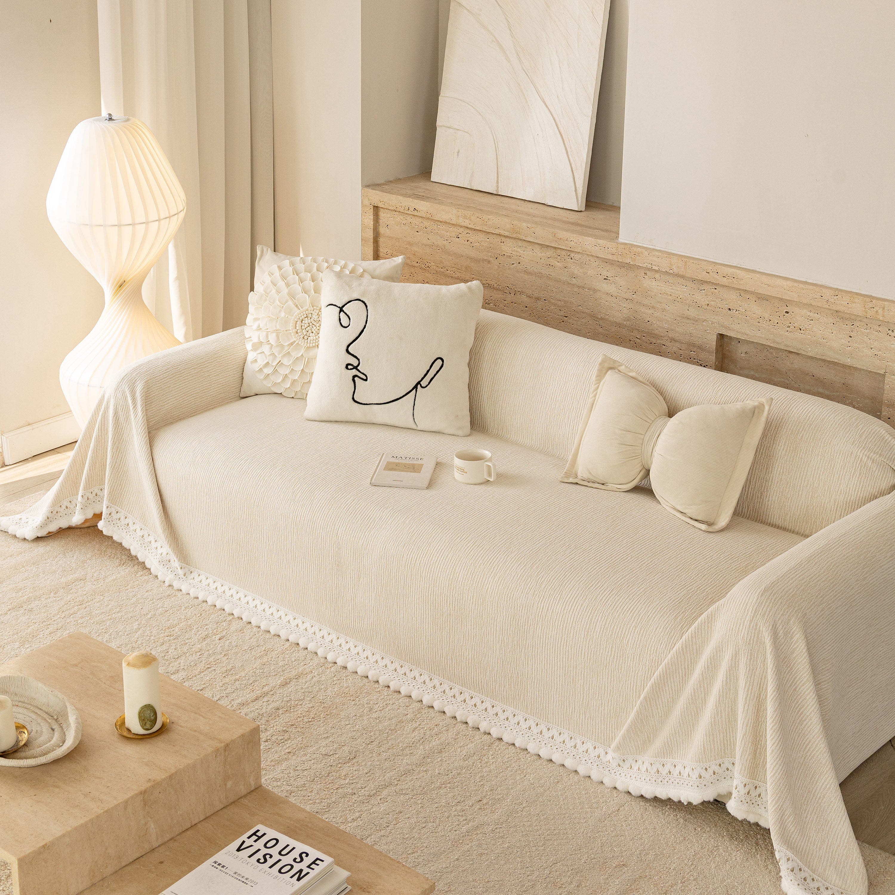 Sofa Cover Throw With Lace Trim & Pom-pom Fringe, Decorative Couch Cover Blanket