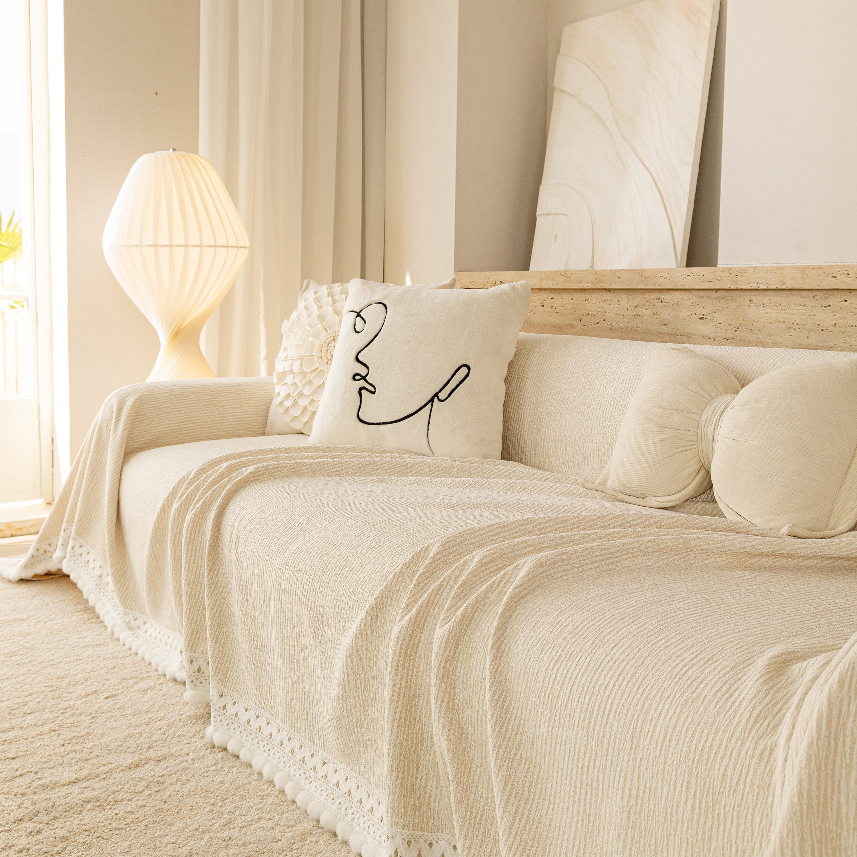 Sofa Cover Throw With Lace Trim & Pom-pom Fringe, Decorative Couch Cover Blanket