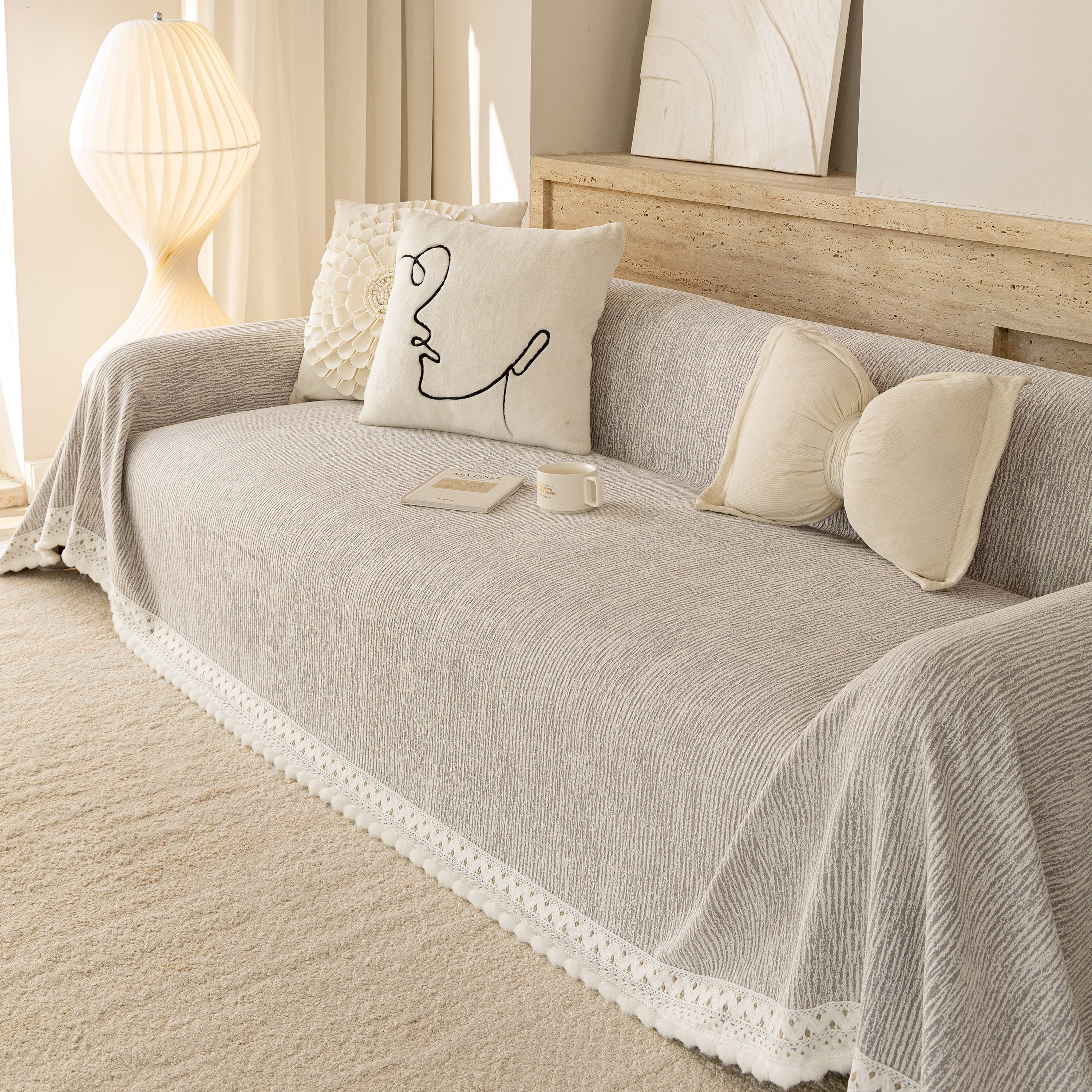 Sofa Cover Throw With Lace Trim & Pom-pom Fringe, Decorative Couch Cover Blanket