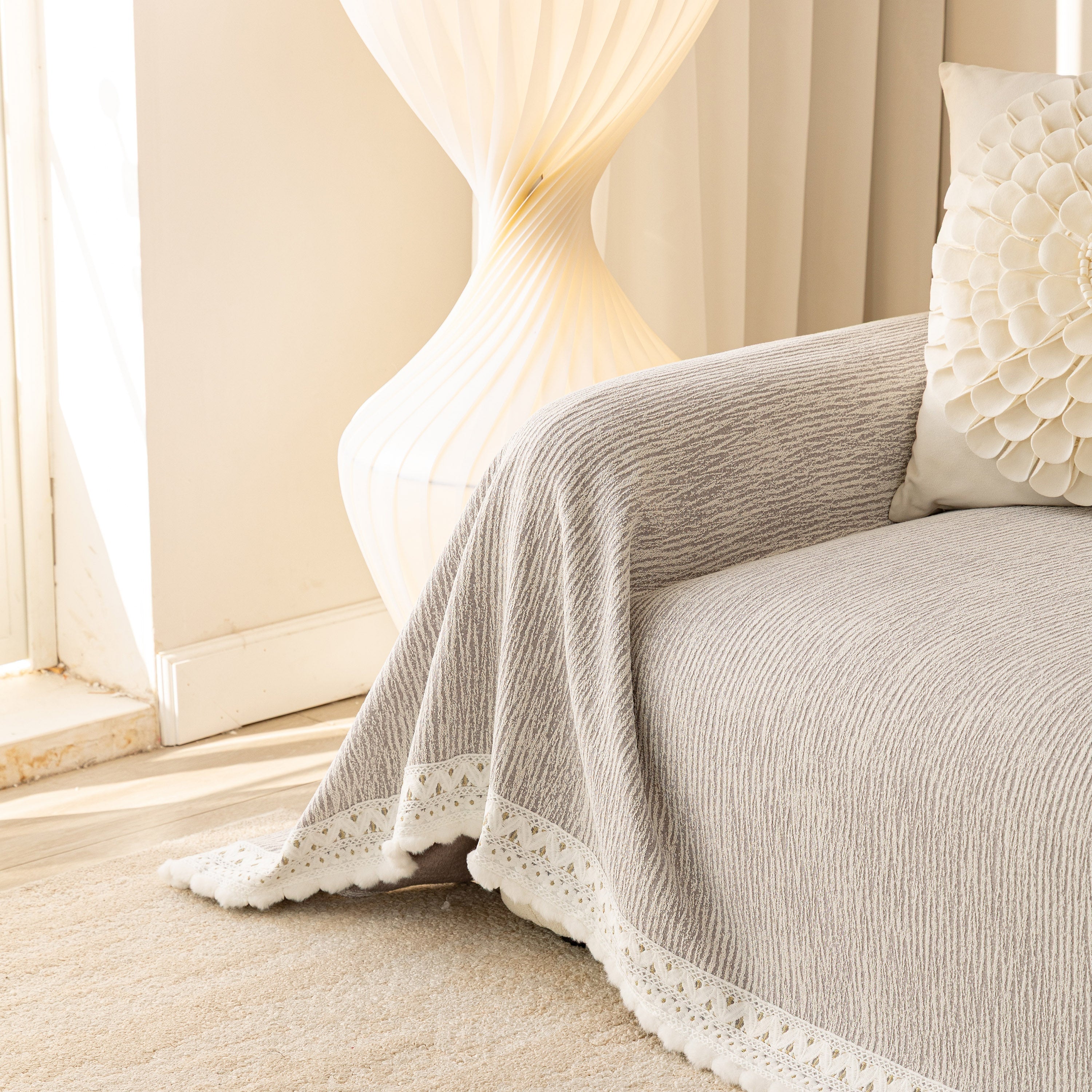 Sofa Cover Throw With Lace Trim & Pom-pom Fringe, Decorative Couch Cover Blanket