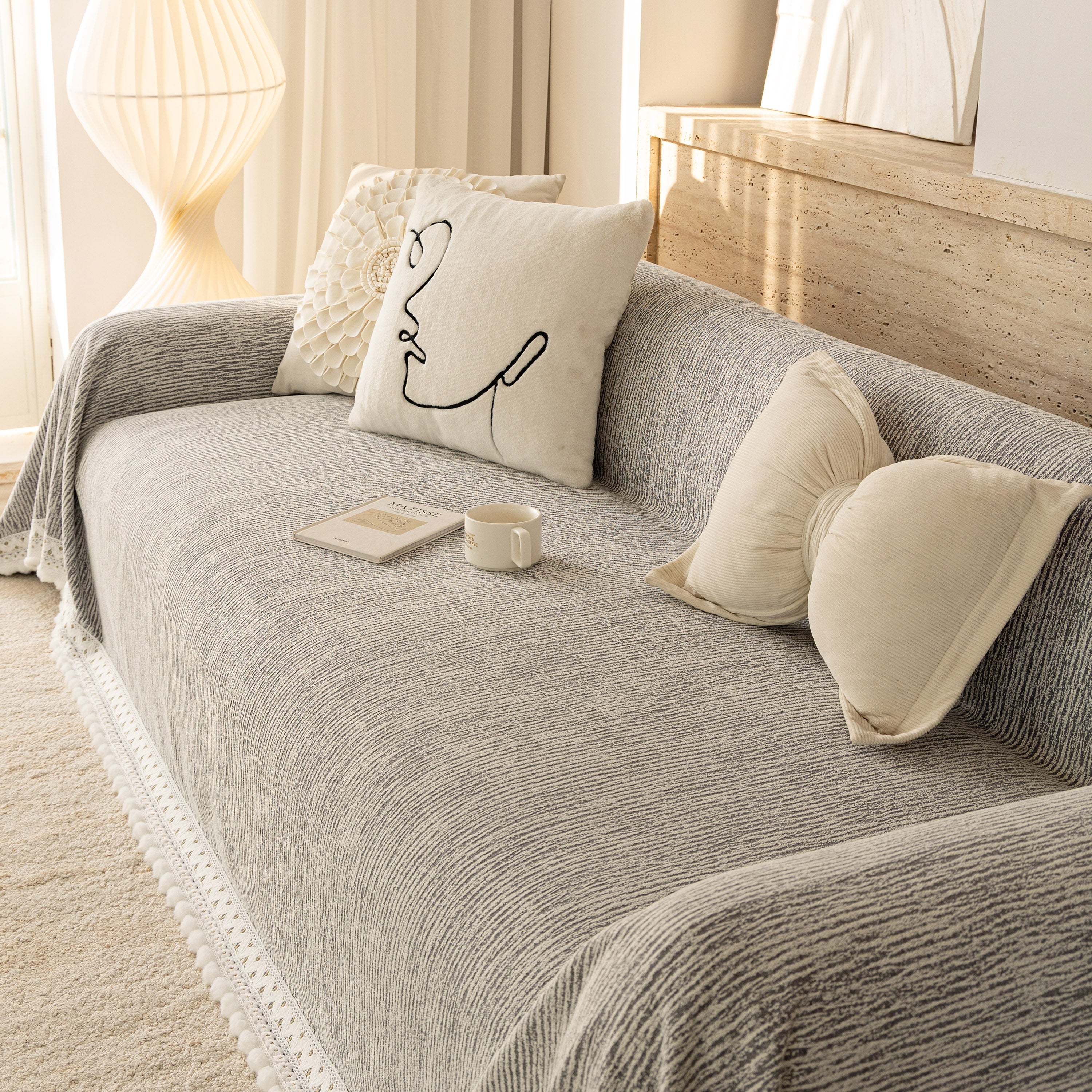 Sofa Cover Throw With Lace Trim & Pom-pom Fringe, Decorative Couch Cover Blanket