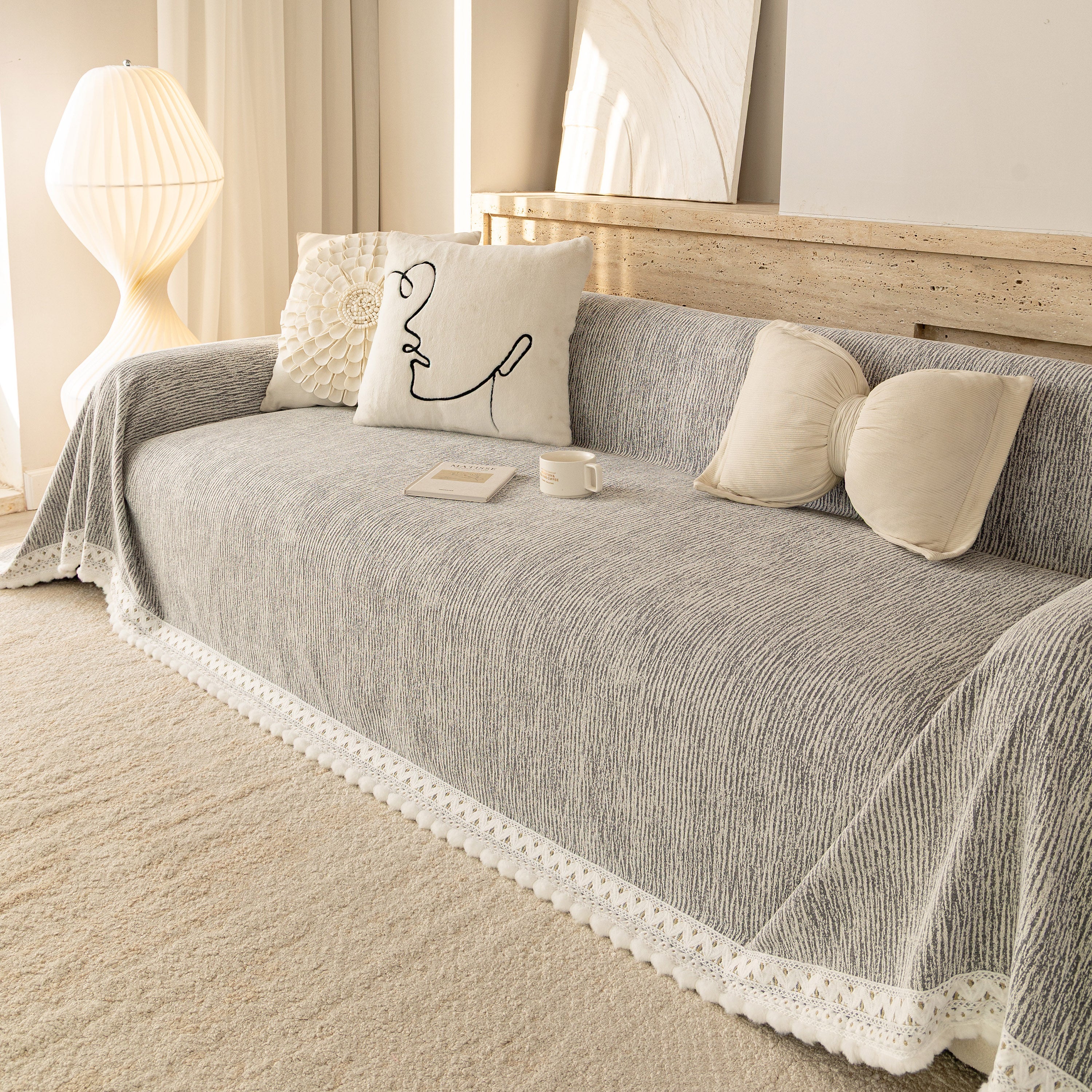 Sofa Cover Throw With Lace Trim & Pom-pom Fringe, Decorative Couch Cover Blanket