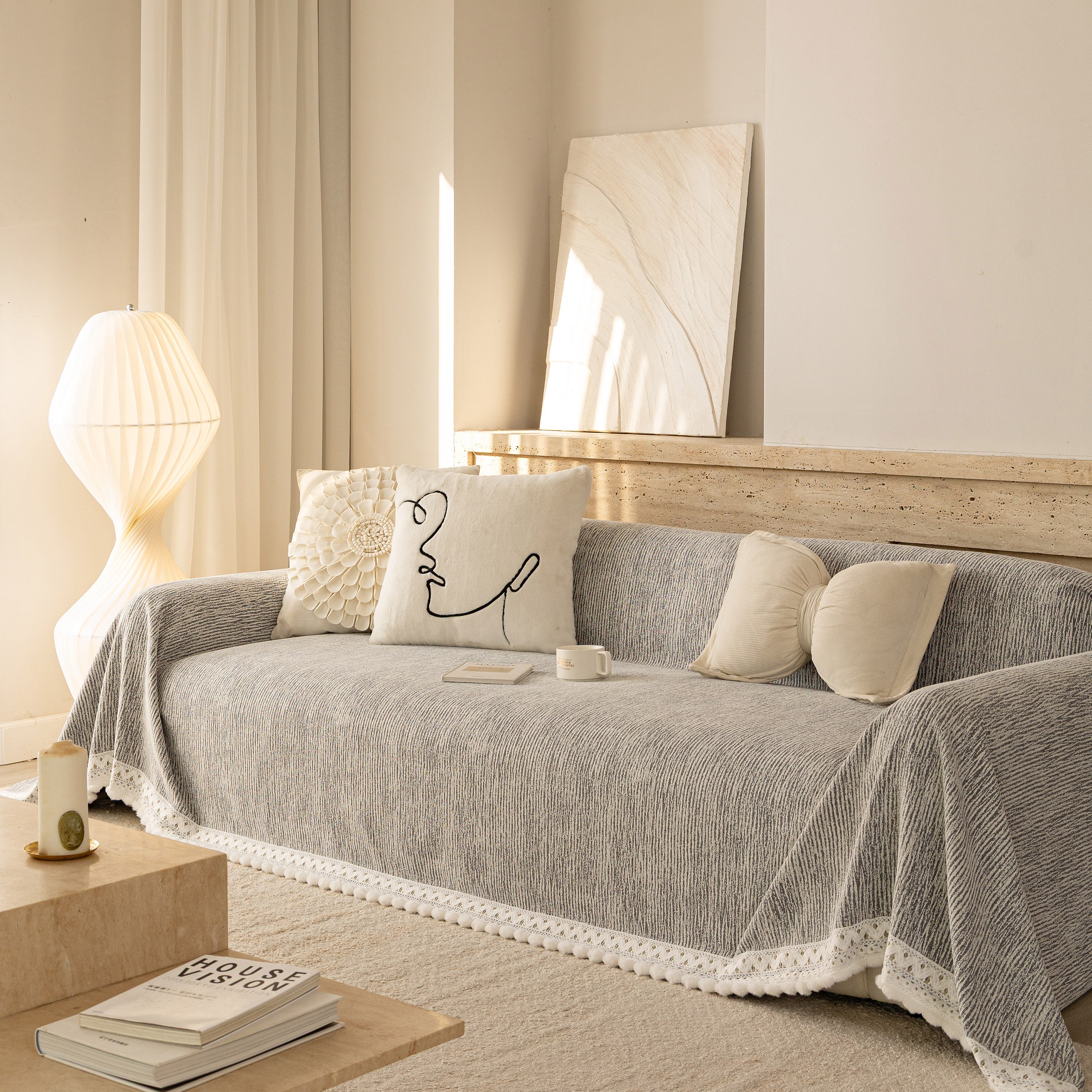 Sofa Cover Throw With Lace Trim & Pom-pom Fringe, Decorative Couch Cover Blanket