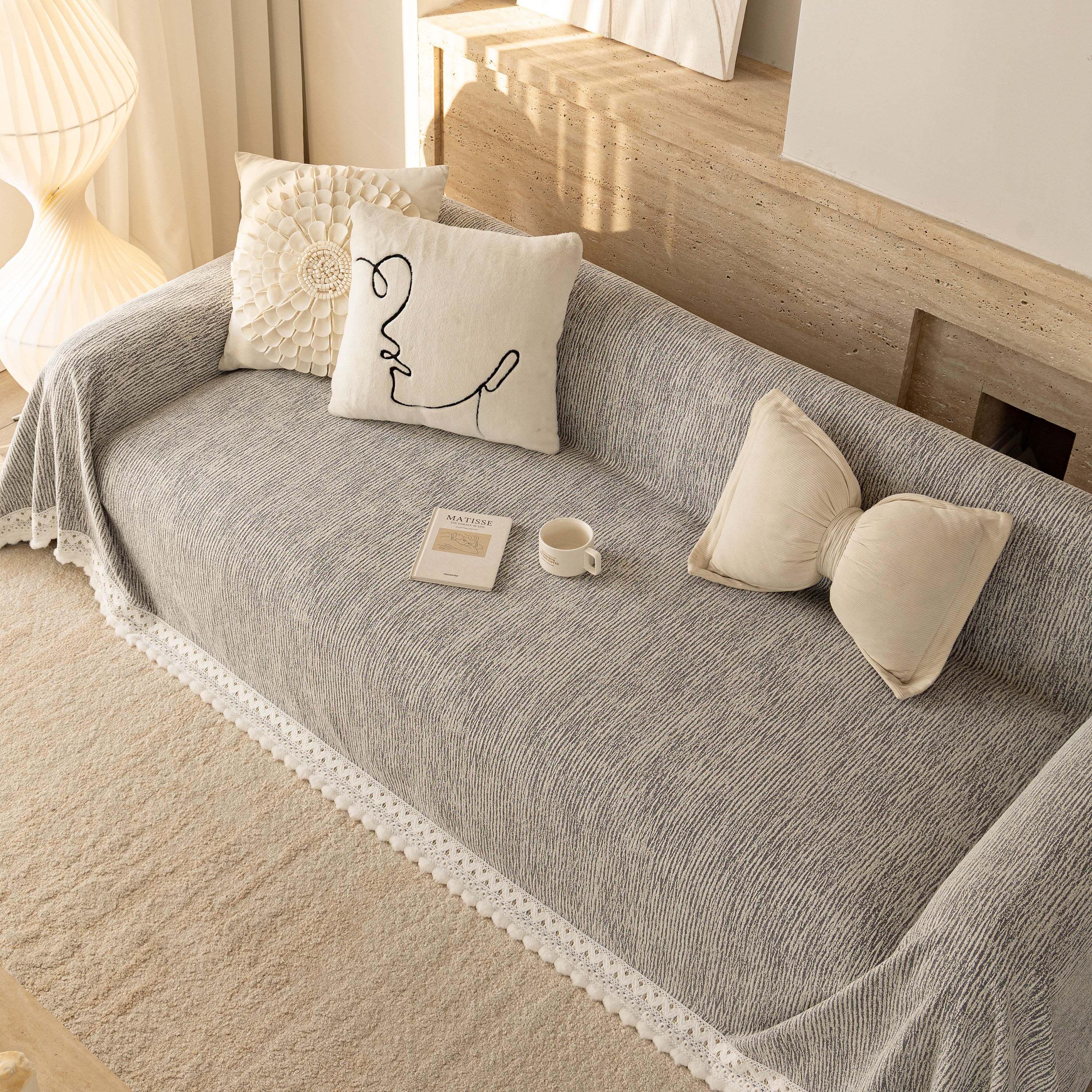 Sofa Cover Throw With Lace Trim & Pom-pom Fringe, Decorative Couch Cover Blanket