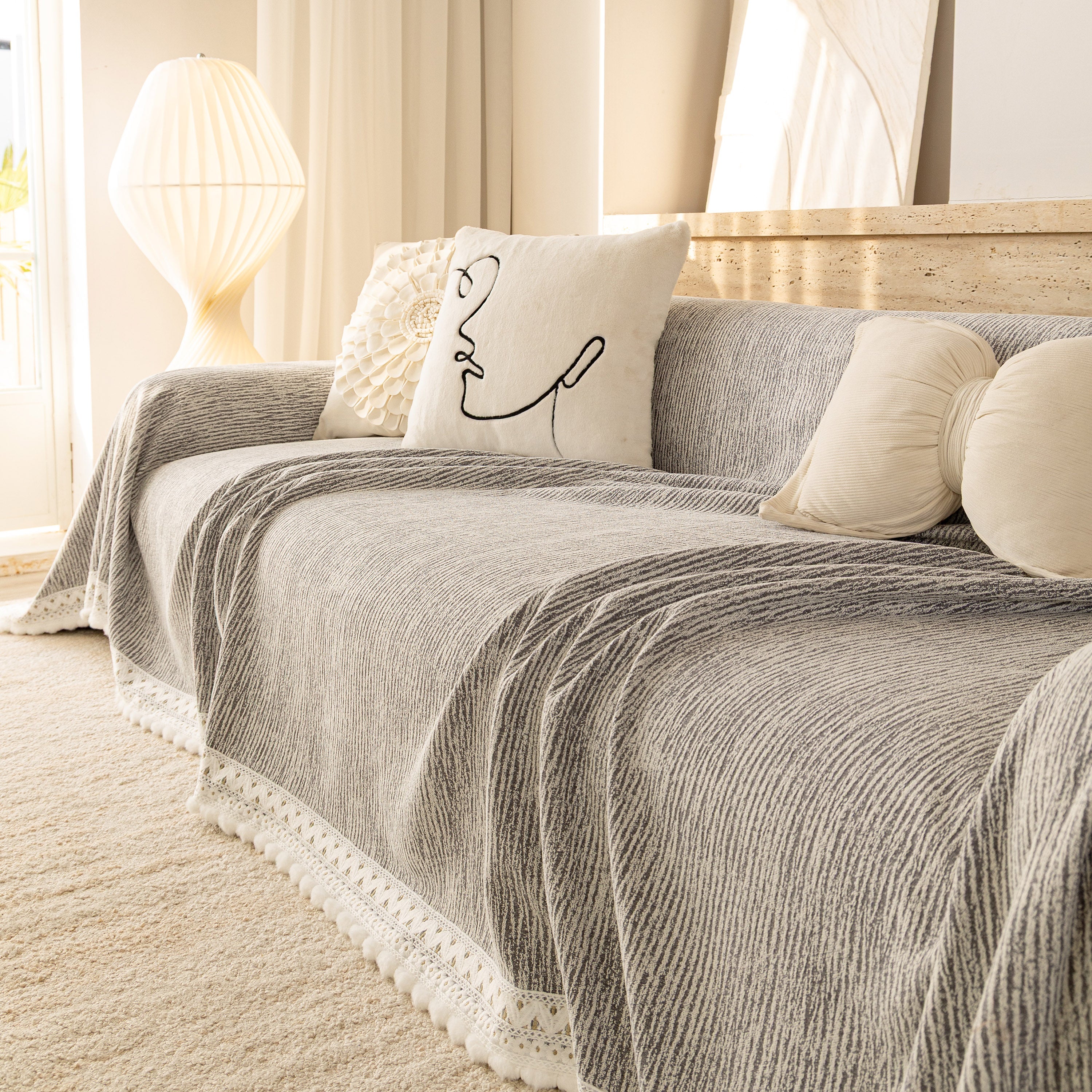 Sofa Cover Throw With Lace Trim & Pom-pom Fringe, Decorative Couch Cover Blanket