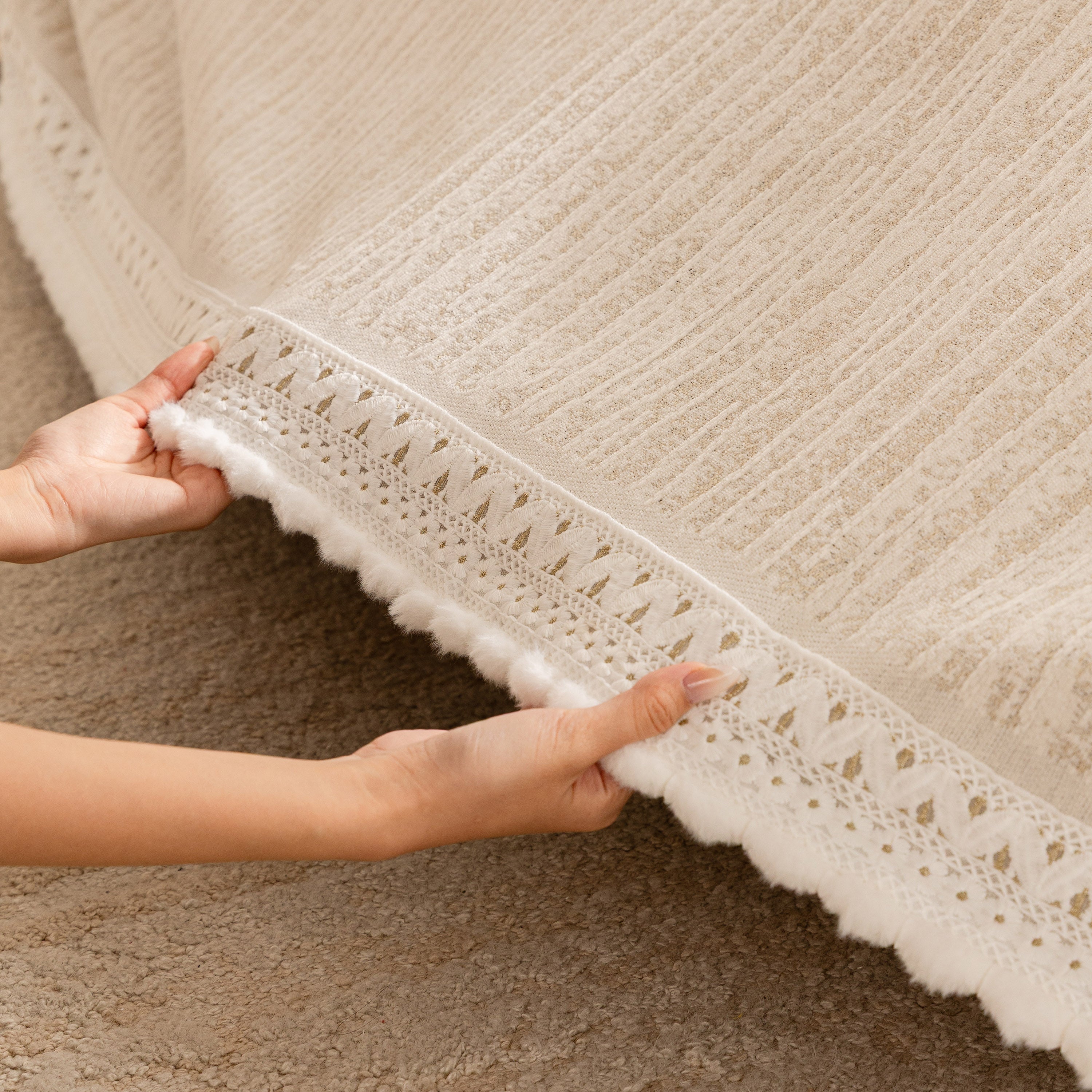 Lace Trim Pom Pom Tassel Edge Slipcover, Durable Furniture Cover For Pets Couch Sofa