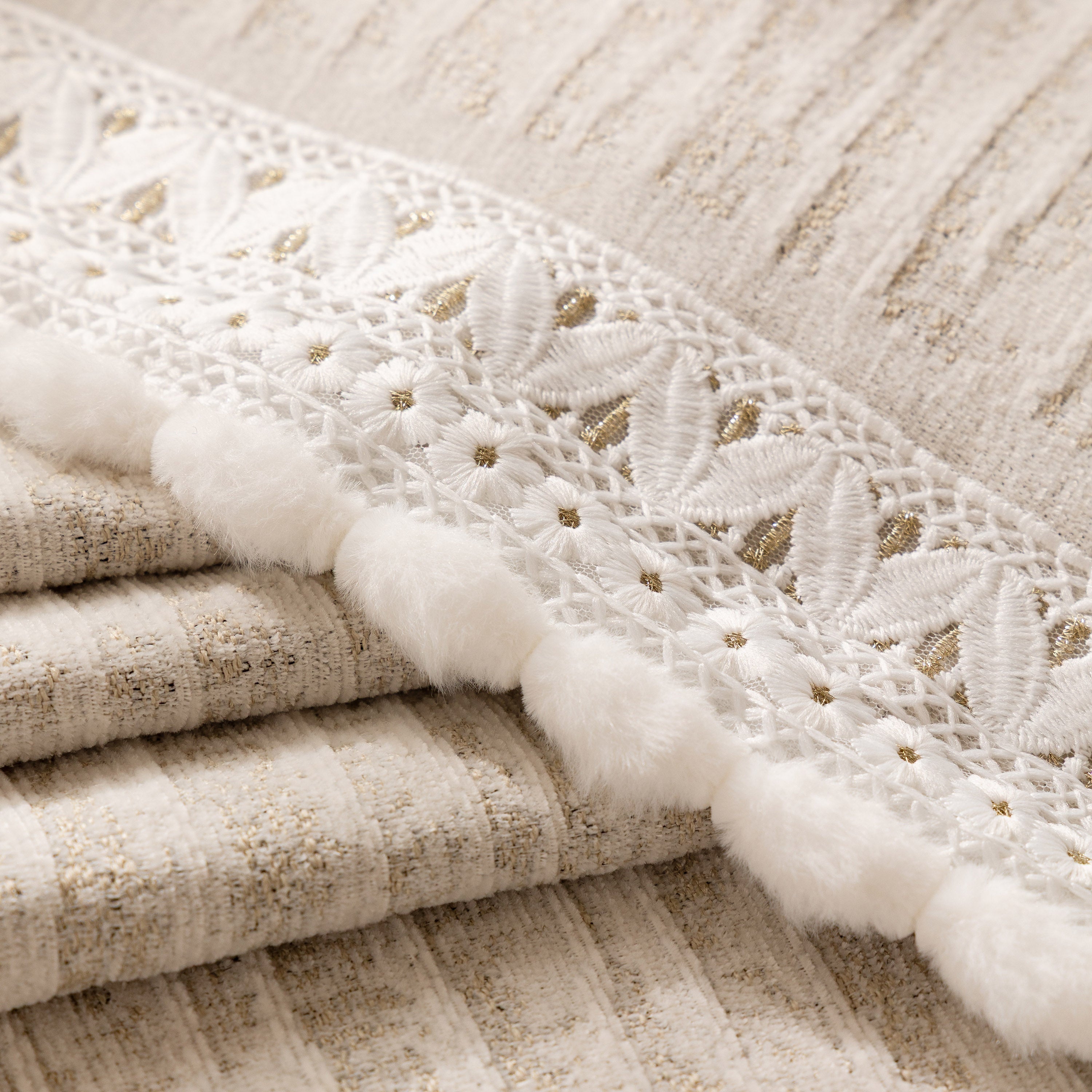 Lace Trim Pom Pom Tassel Edge Slipcover, Durable Furniture Cover For Pets Couch Sofa