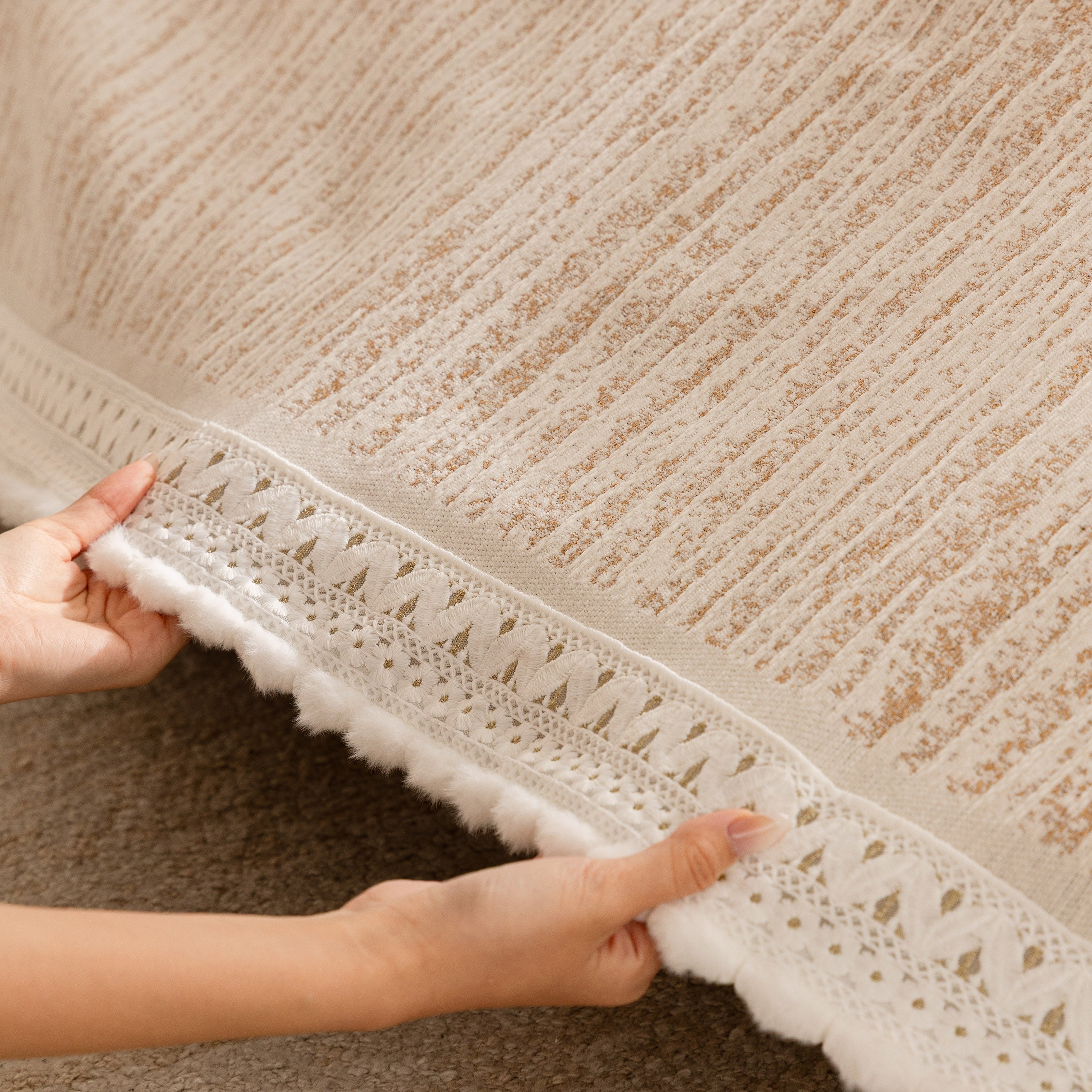 Lace Trim Pom Pom Tassel Edge Slipcover, Durable Furniture Cover For Pets Couch Sofa