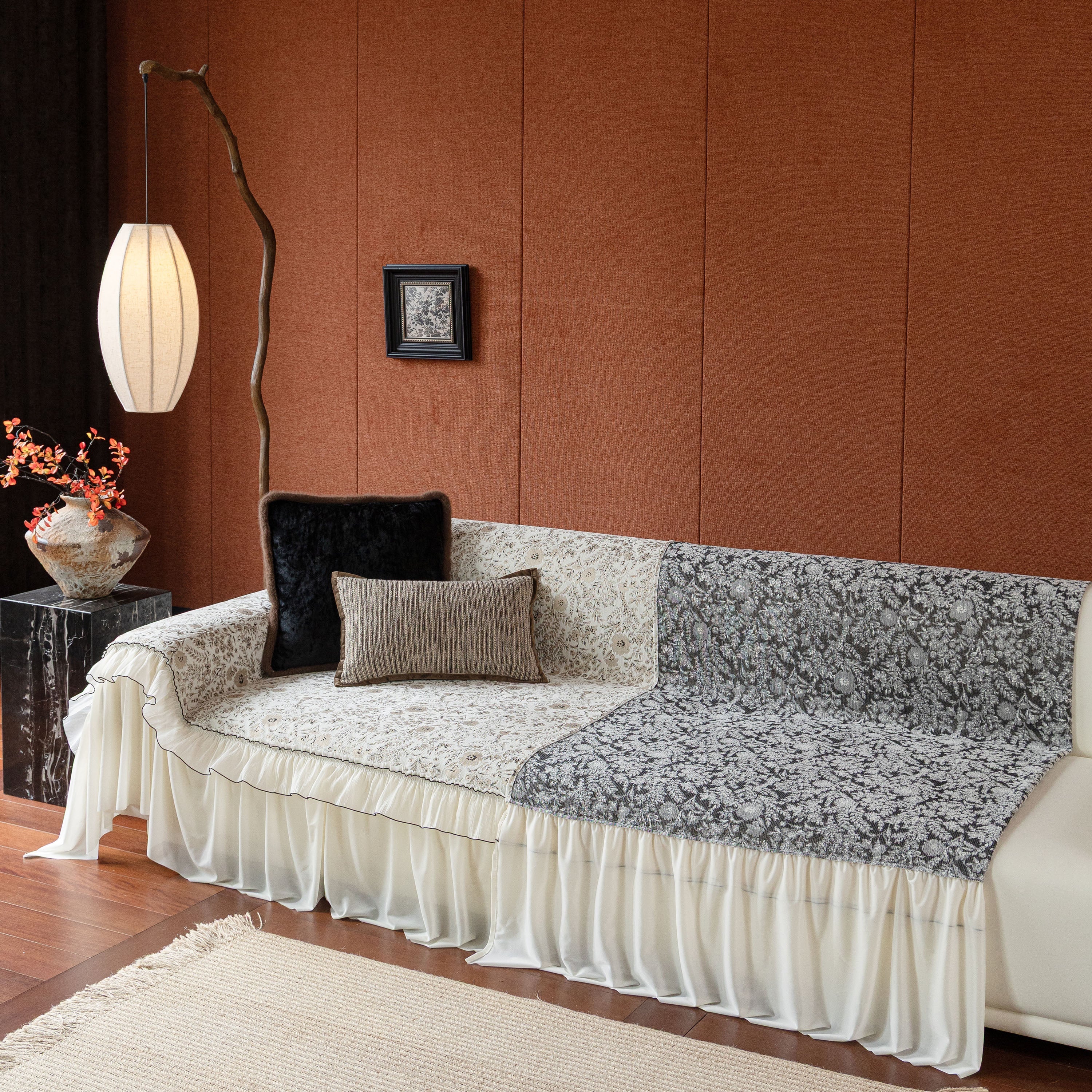 French Country Floral Sofa Cover With Chiffon Ruffle Skirt, Vintage Sofa Throw Cover