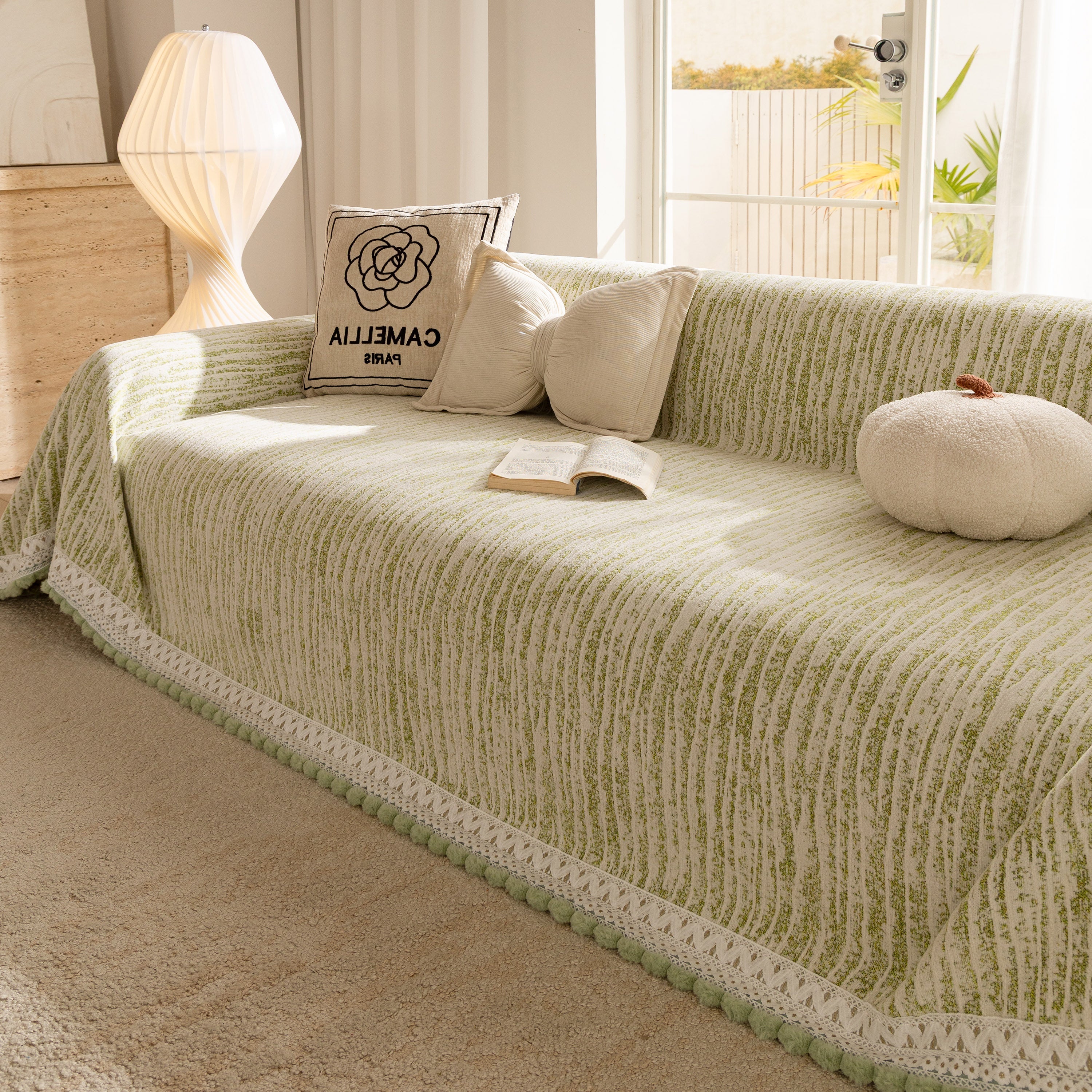 Lace Trim Pom Pom Tassel Edge Slipcover, Durable Furniture Cover For Pets Couch Sofa