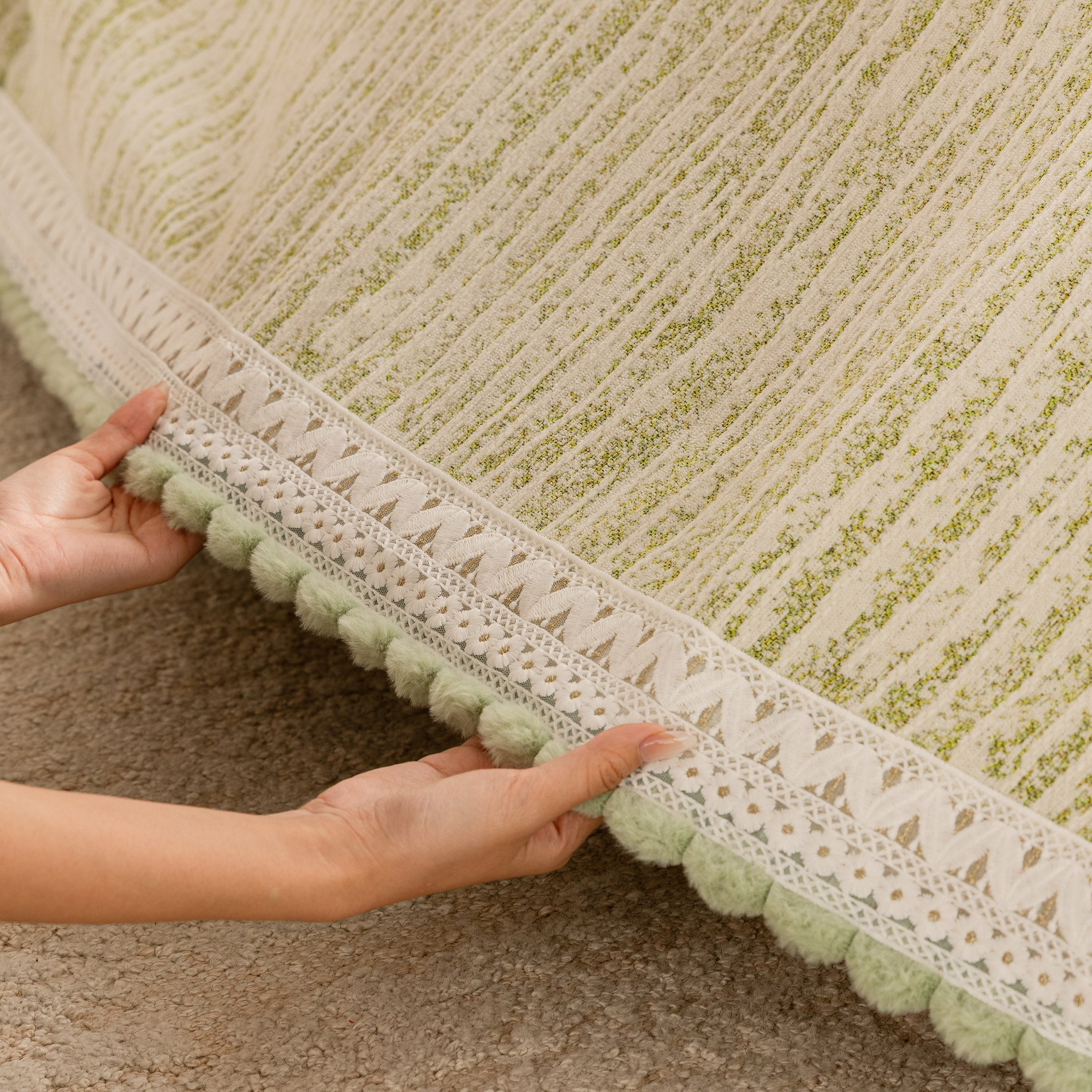 Lace Trim Pom Pom Tassel Edge Slipcover, Durable Furniture Cover For Pets Couch Sofa