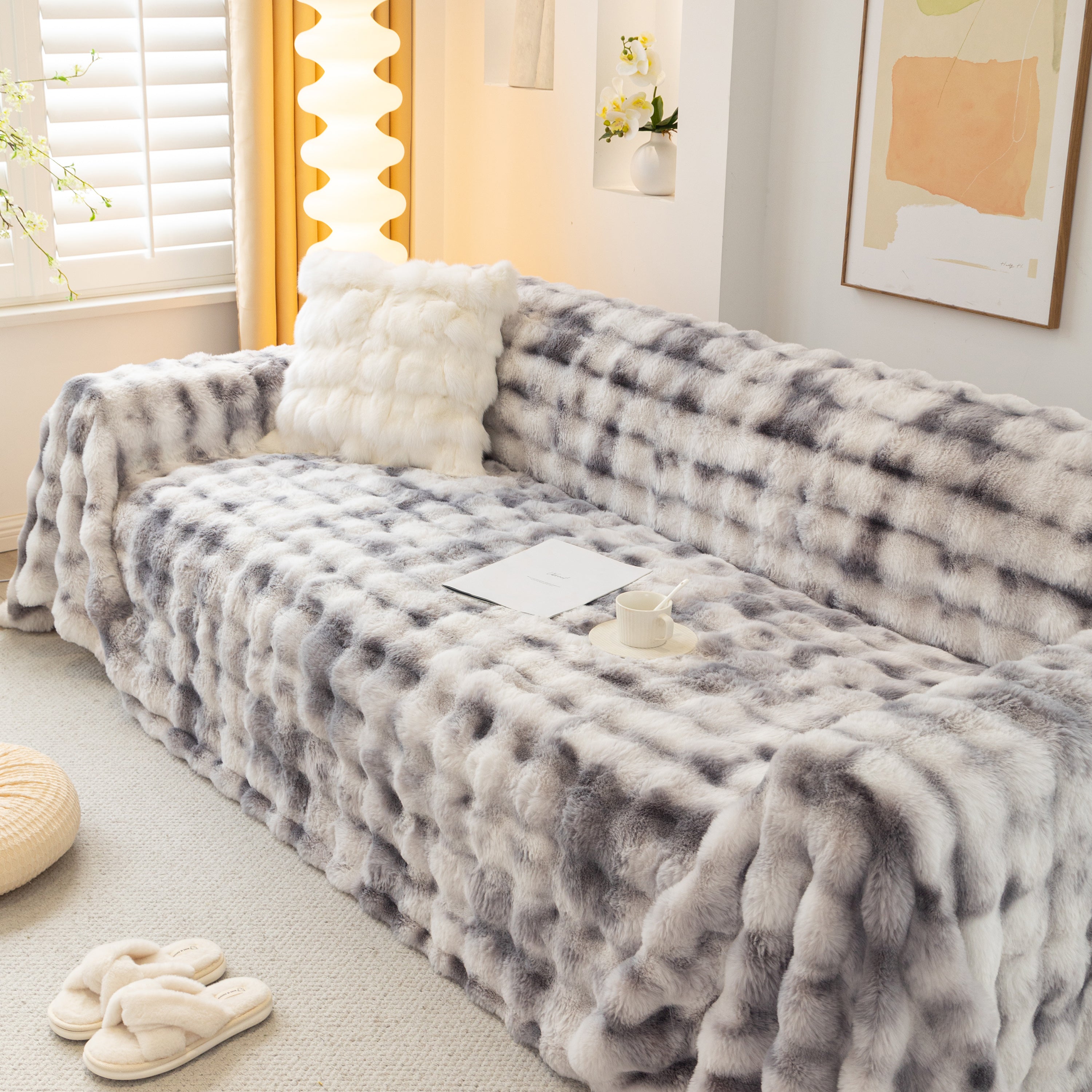 Thick Faux Fur Couch Cover Fluffy Fuzzy Warm Washable Furniture Protector For Kids Pets