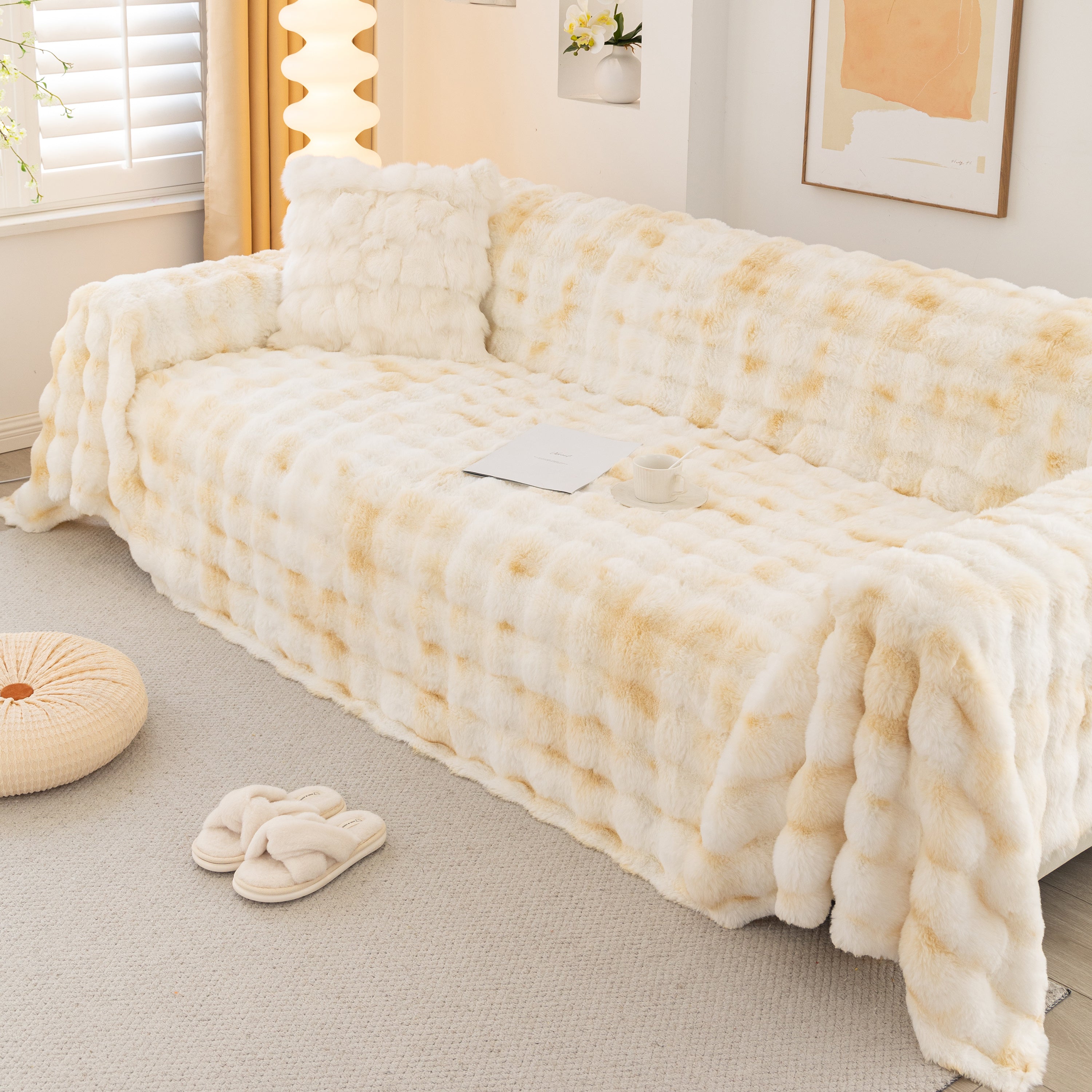Thick Faux Fur Couch Cover Fluffy Fuzzy Warm Washable Furniture Protector For Kids Pets