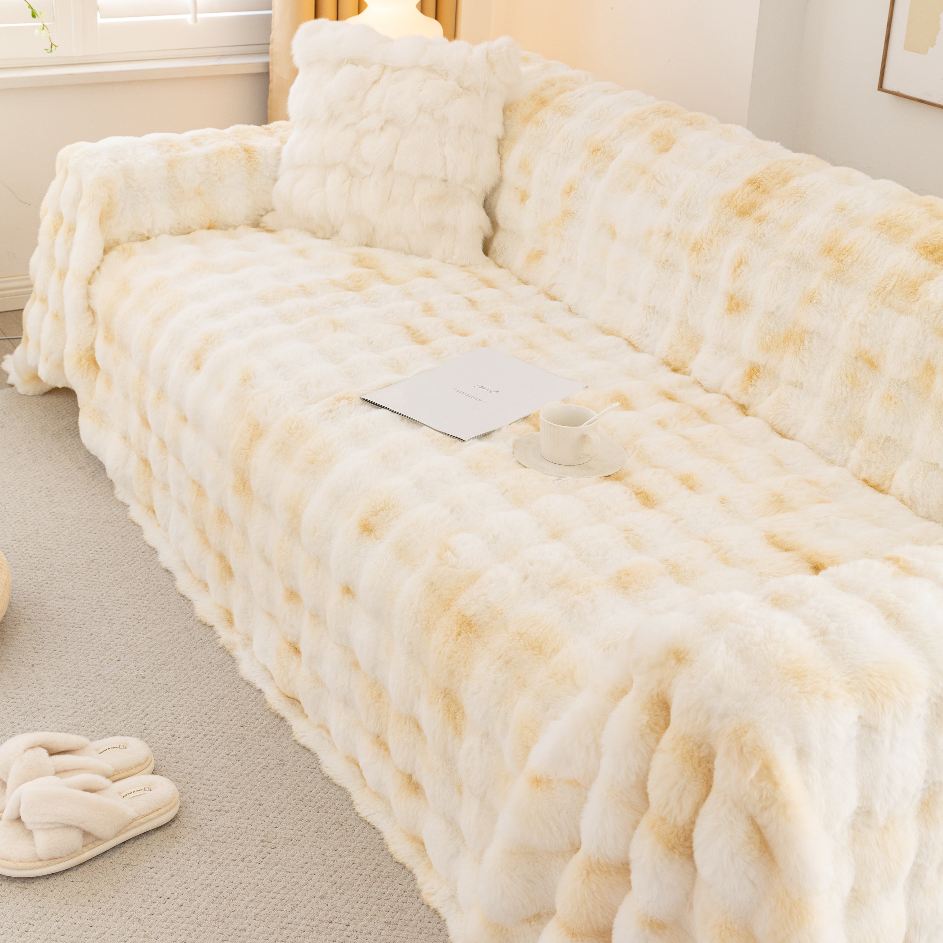 Thick Faux Fur Couch Cover Fluffy Fuzzy Warm Washable Furniture Protector For Kids Pets