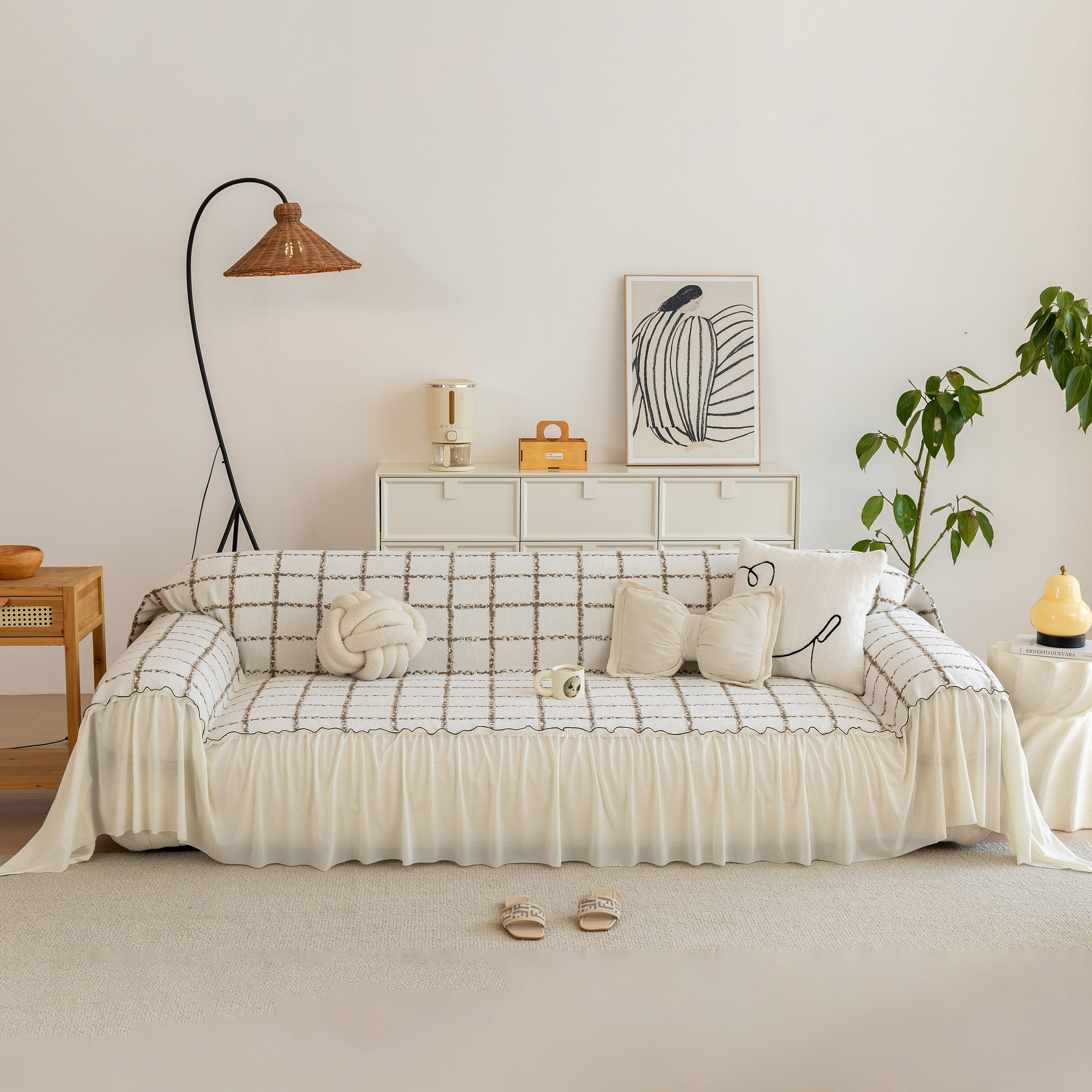 Grid Sofa Cover With Ruffle Skirt – Soft, Decorative, Full-cover Couch Protector