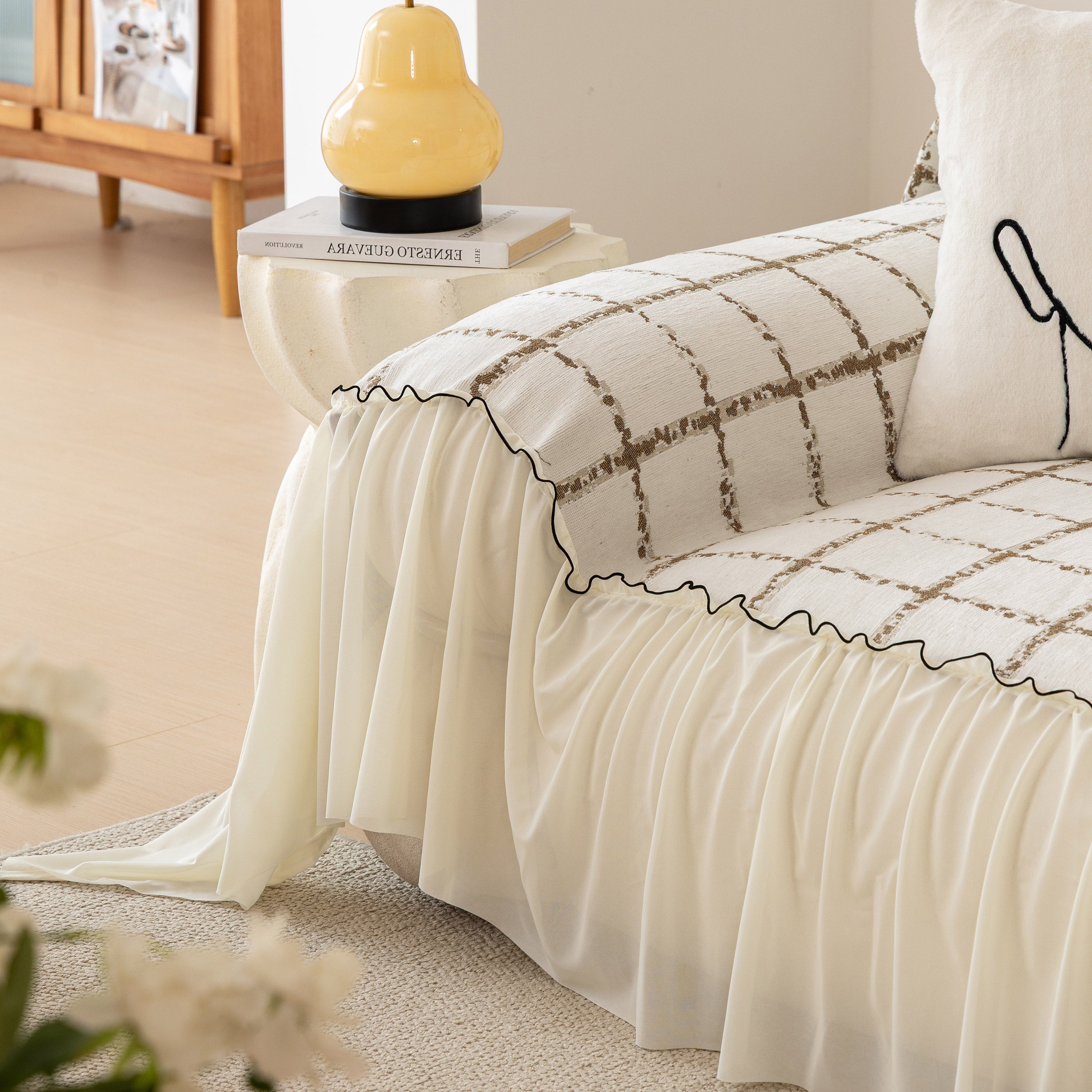 Grid Sofa Cover With Ruffle Skirt – Soft, Decorative, Full-cover Couch Protector