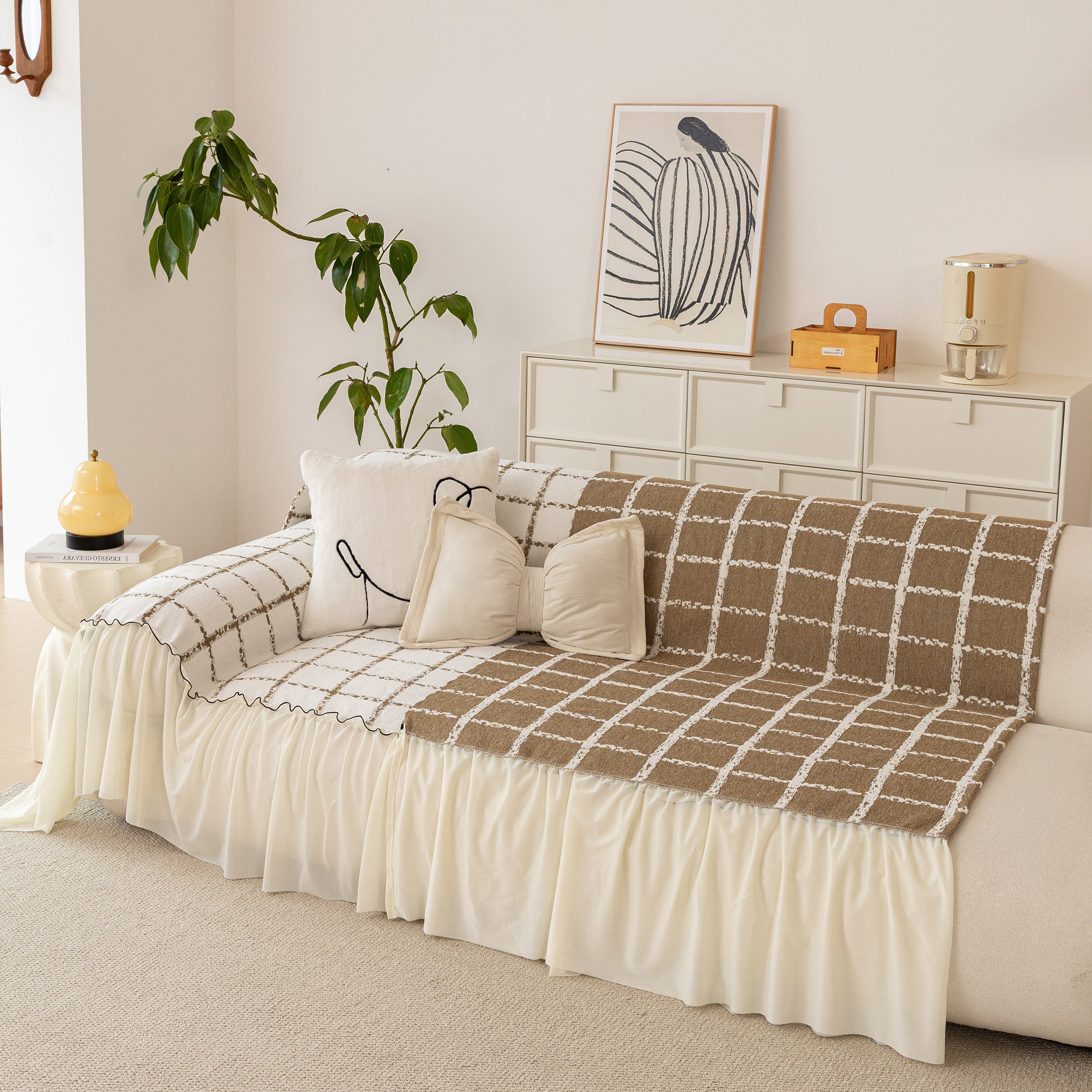 Grid Sofa Cover With Ruffle Skirt – Soft, Decorative, Full-cover Couch Protector