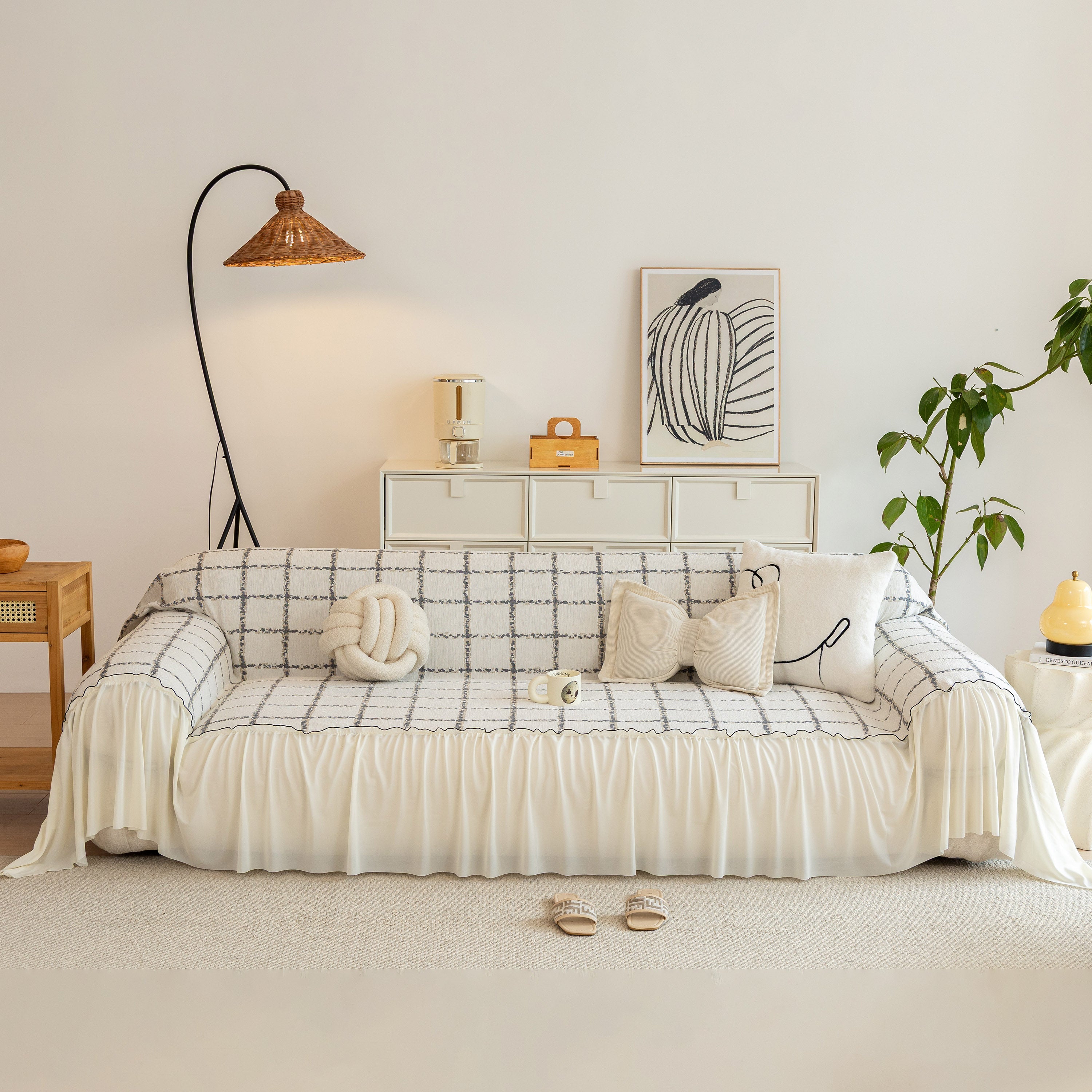 Grid Sofa Cover With Ruffle Skirt – Soft, Decorative, Full-cover Couch Protector