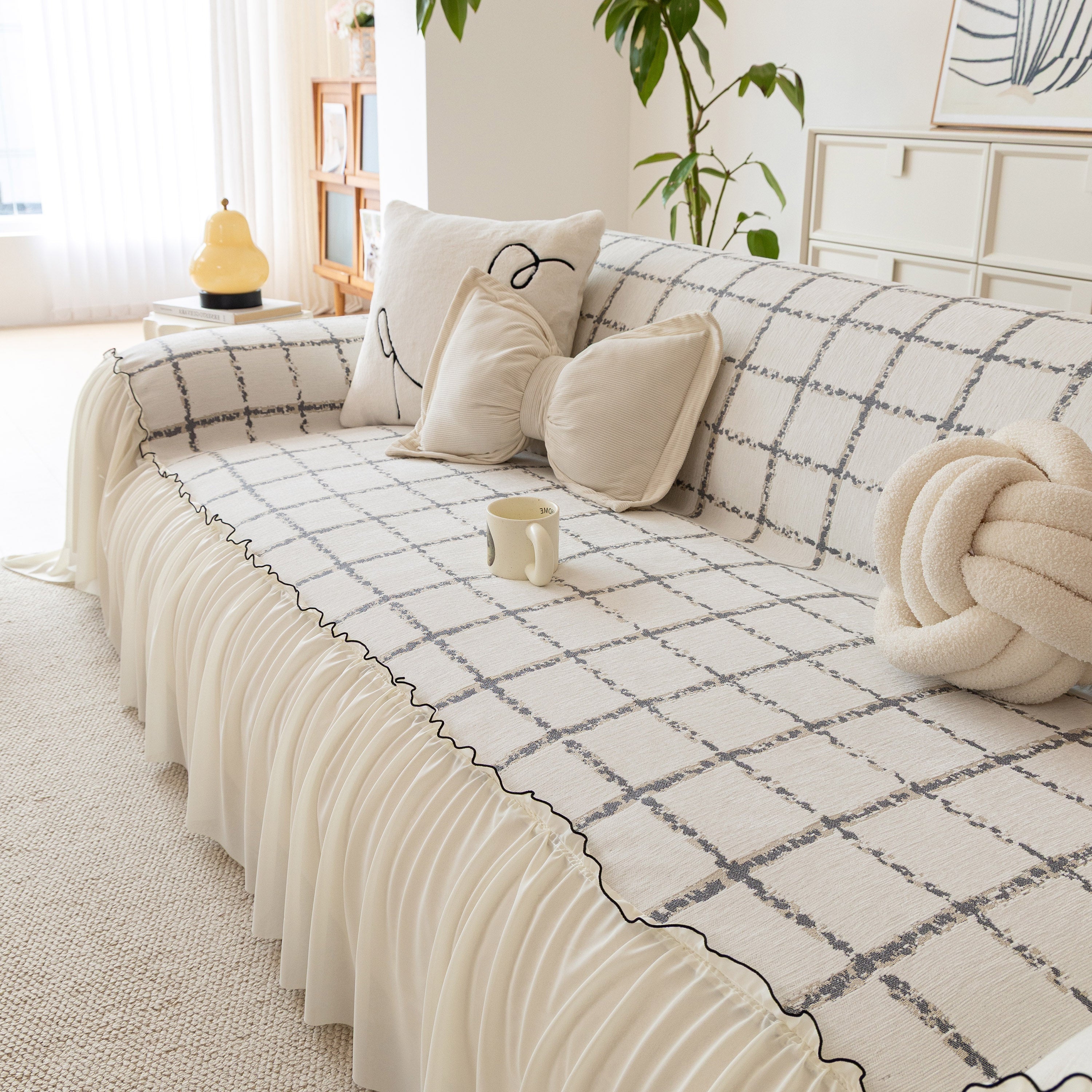 Grid Sofa Cover With Ruffle Skirt – Soft, Decorative, Full-cover Couch Protector