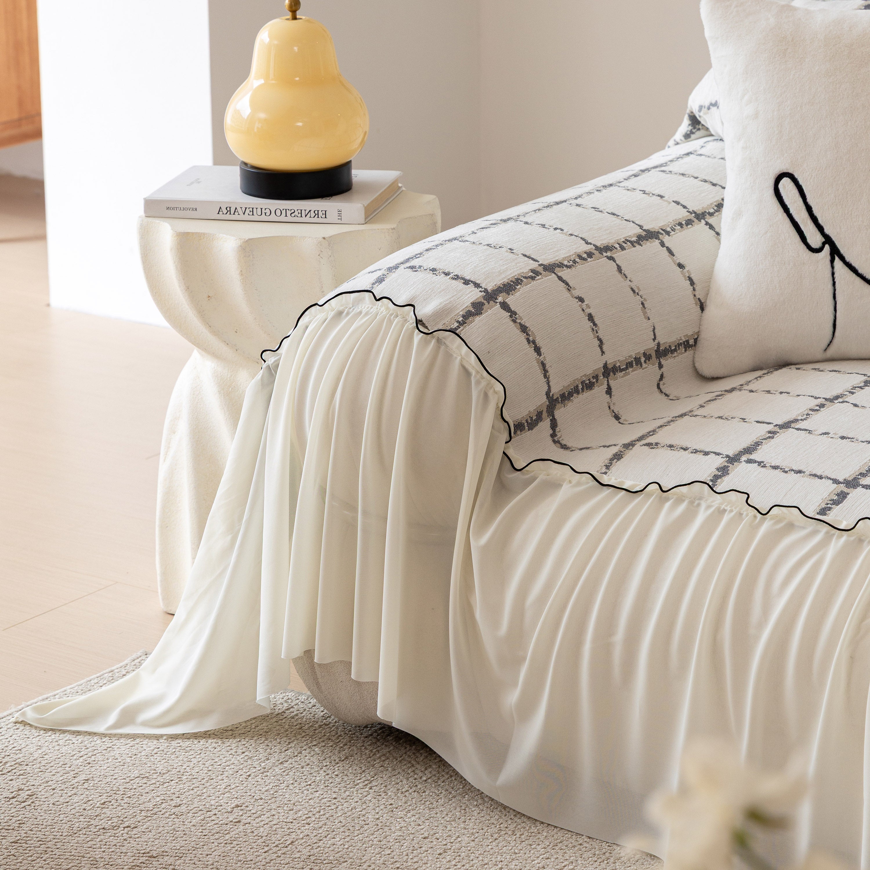 Grid Sofa Cover With Ruffle Skirt – Soft, Decorative, Full-cover Couch Protector