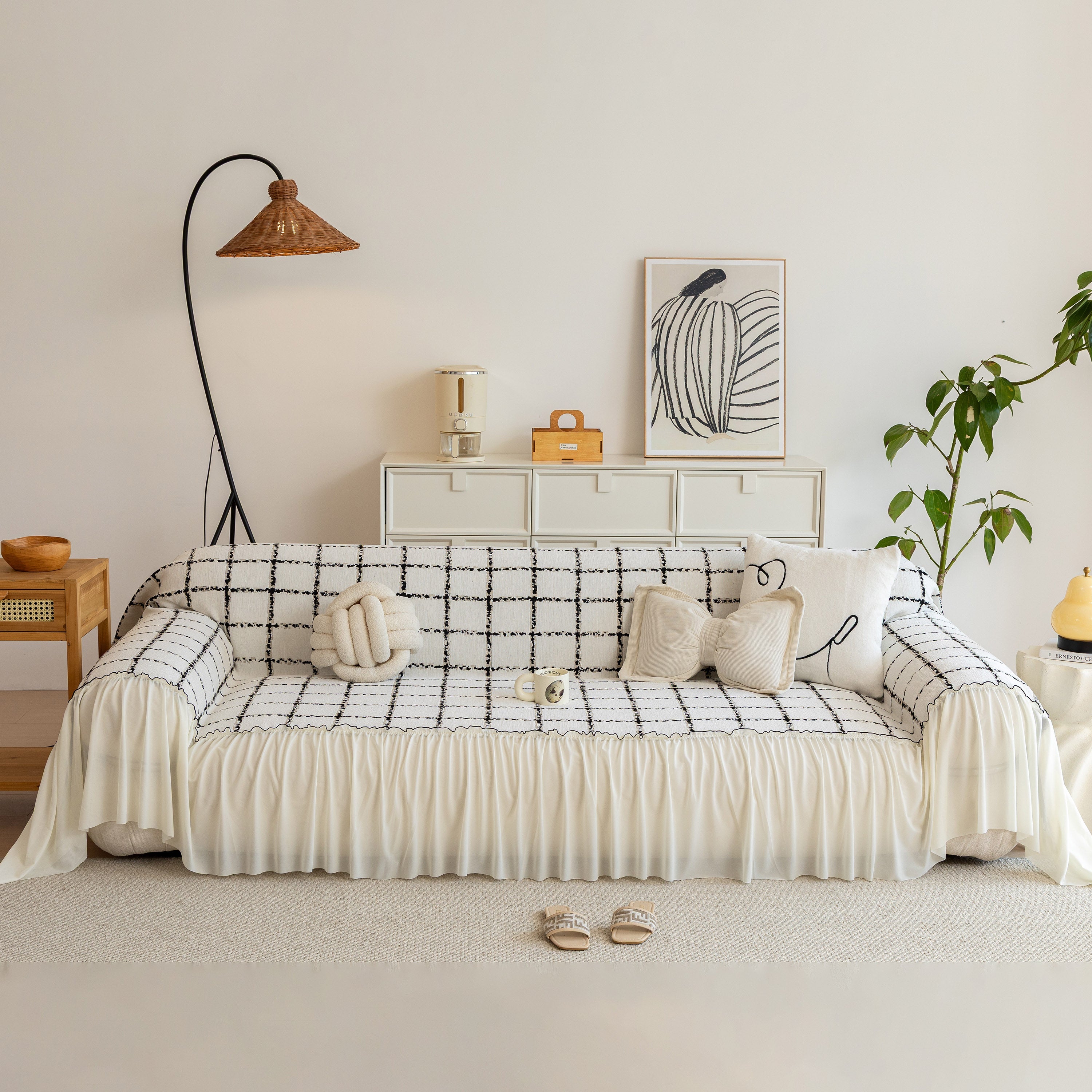 Grid Sofa Cover With Ruffle Skirt – Soft, Decorative, Full-cover Couch Protector