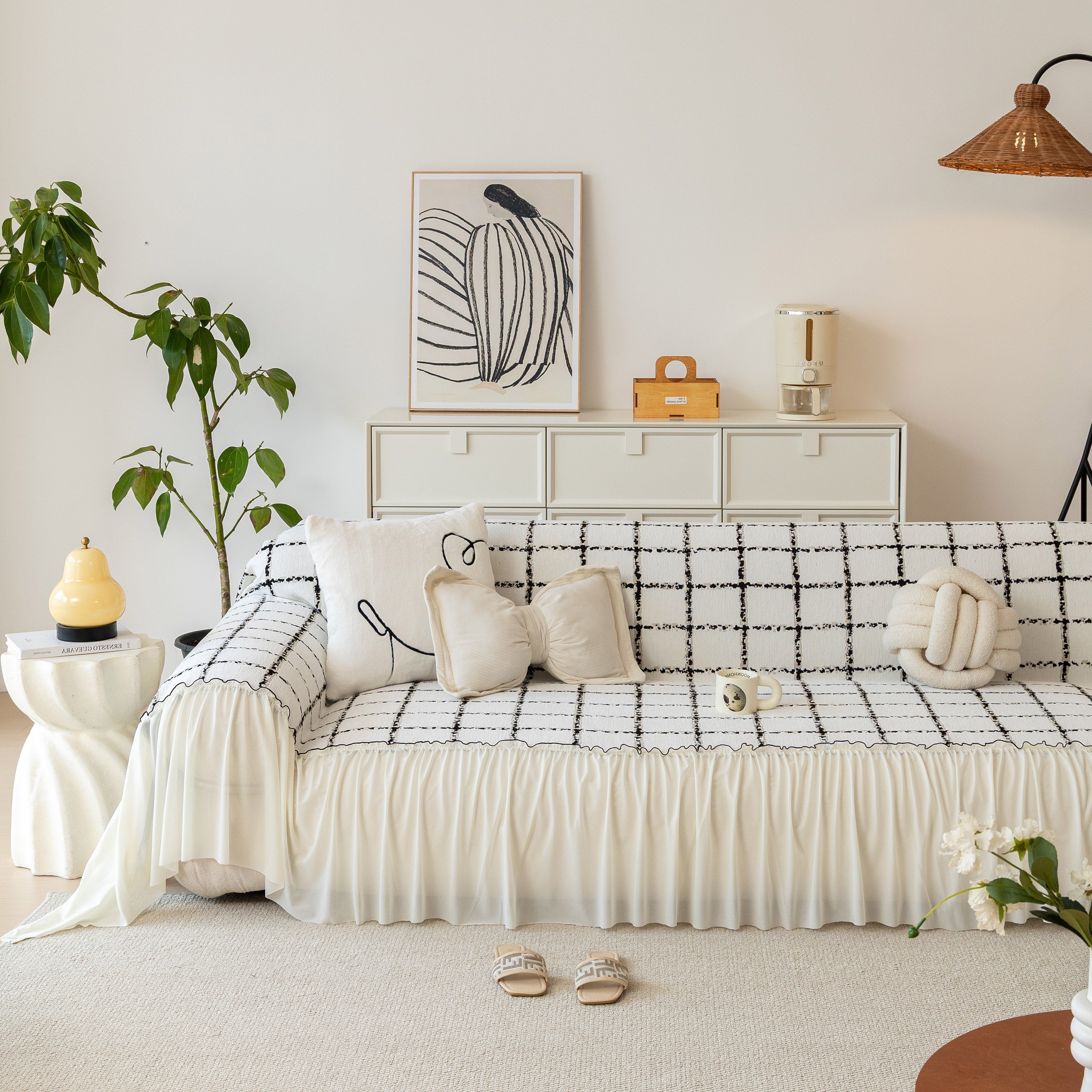 Grid Sofa Cover With Ruffle Skirt – Soft, Decorative, Full-cover Couch Protector
