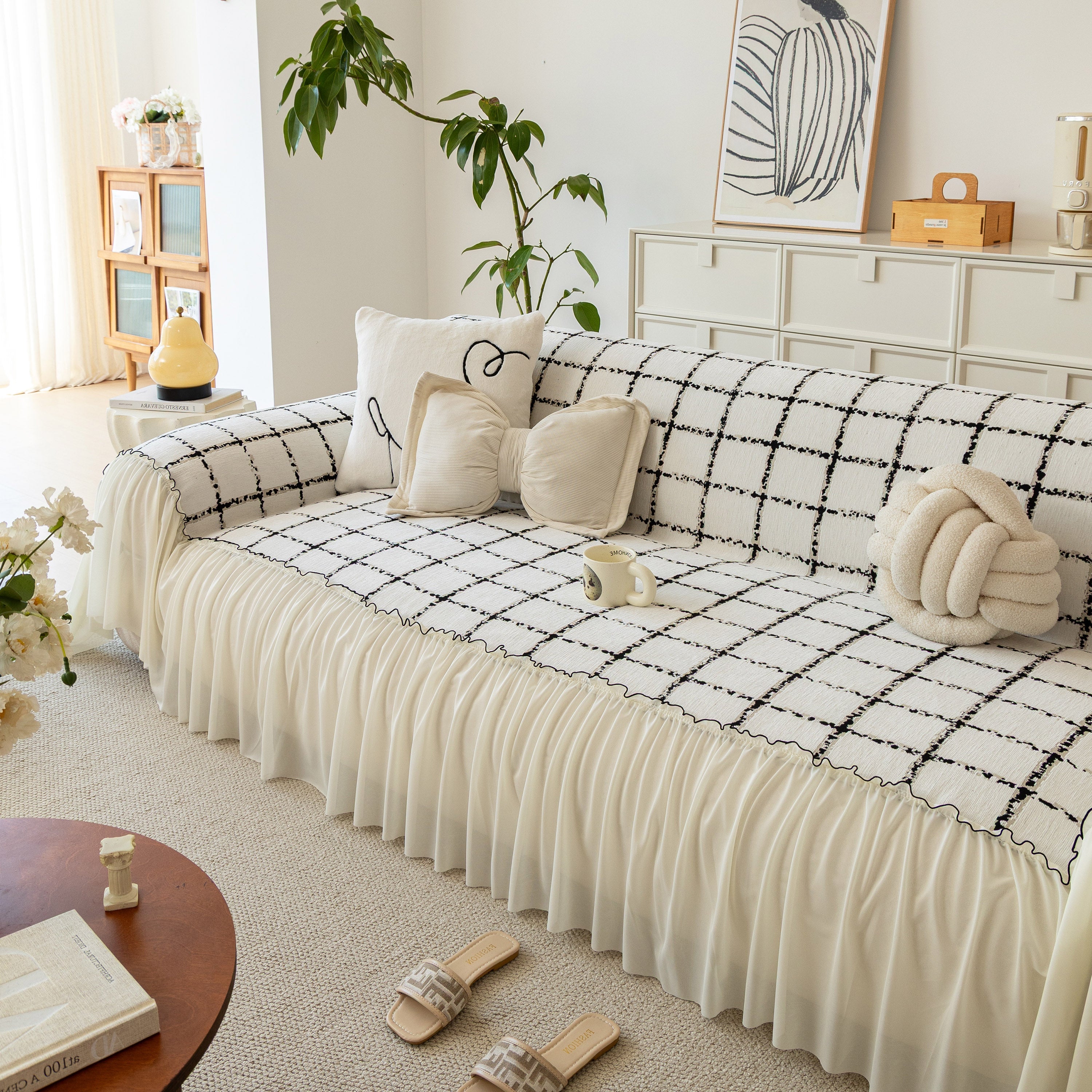Grid Sofa Cover With Ruffle Skirt – Soft, Decorative, Full-cover Couch Protector