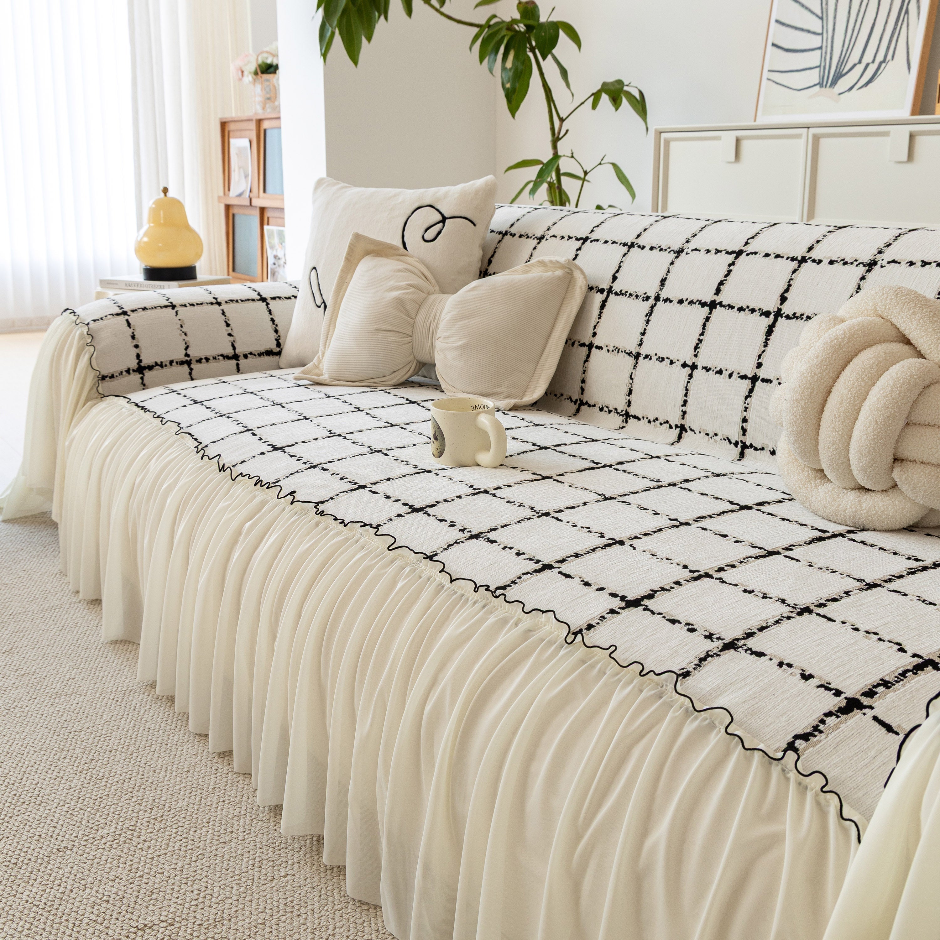 Grid Sofa Cover With Ruffle Skirt – Soft, Decorative, Full-cover Couch Protector