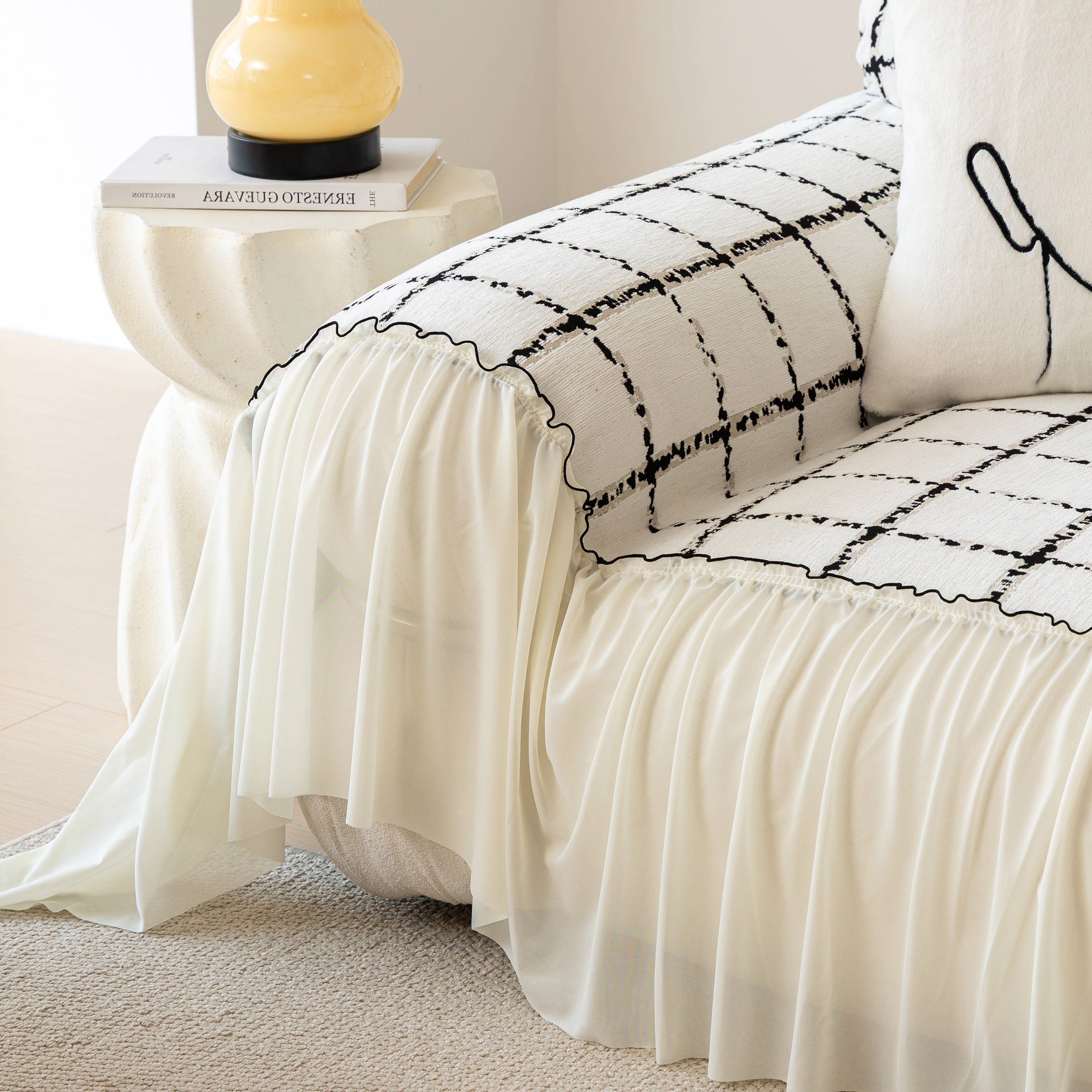 Grid Sofa Cover With Ruffle Skirt – Soft, Decorative, Full-cover Couch Protector